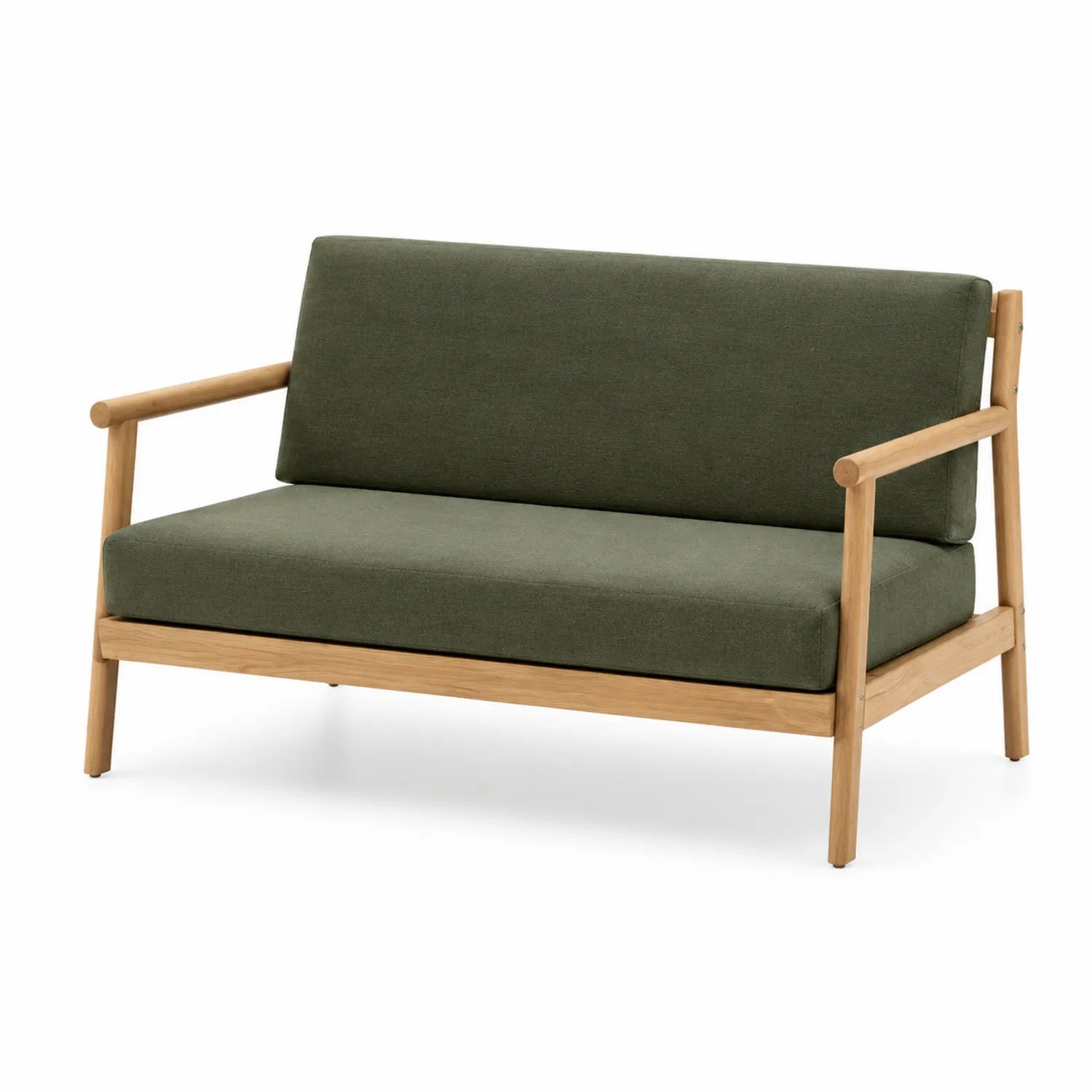 Outdoor Sofa mit Teakholzrahmen und grünem Stoffbezug