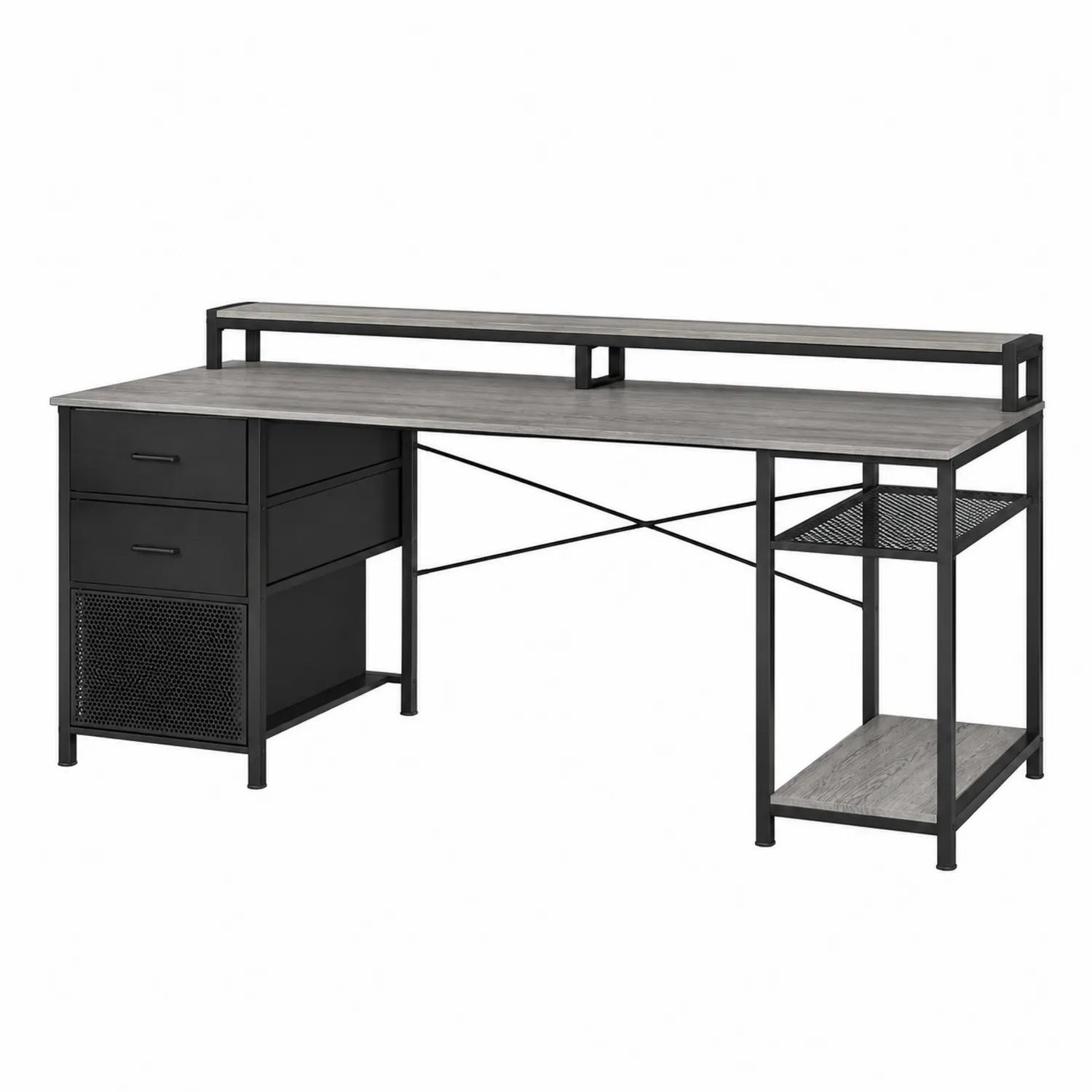 Eckschreibtisch mit Regal und Schubladen aus Holzwerkstoff Grau Metall 150x120x75cm