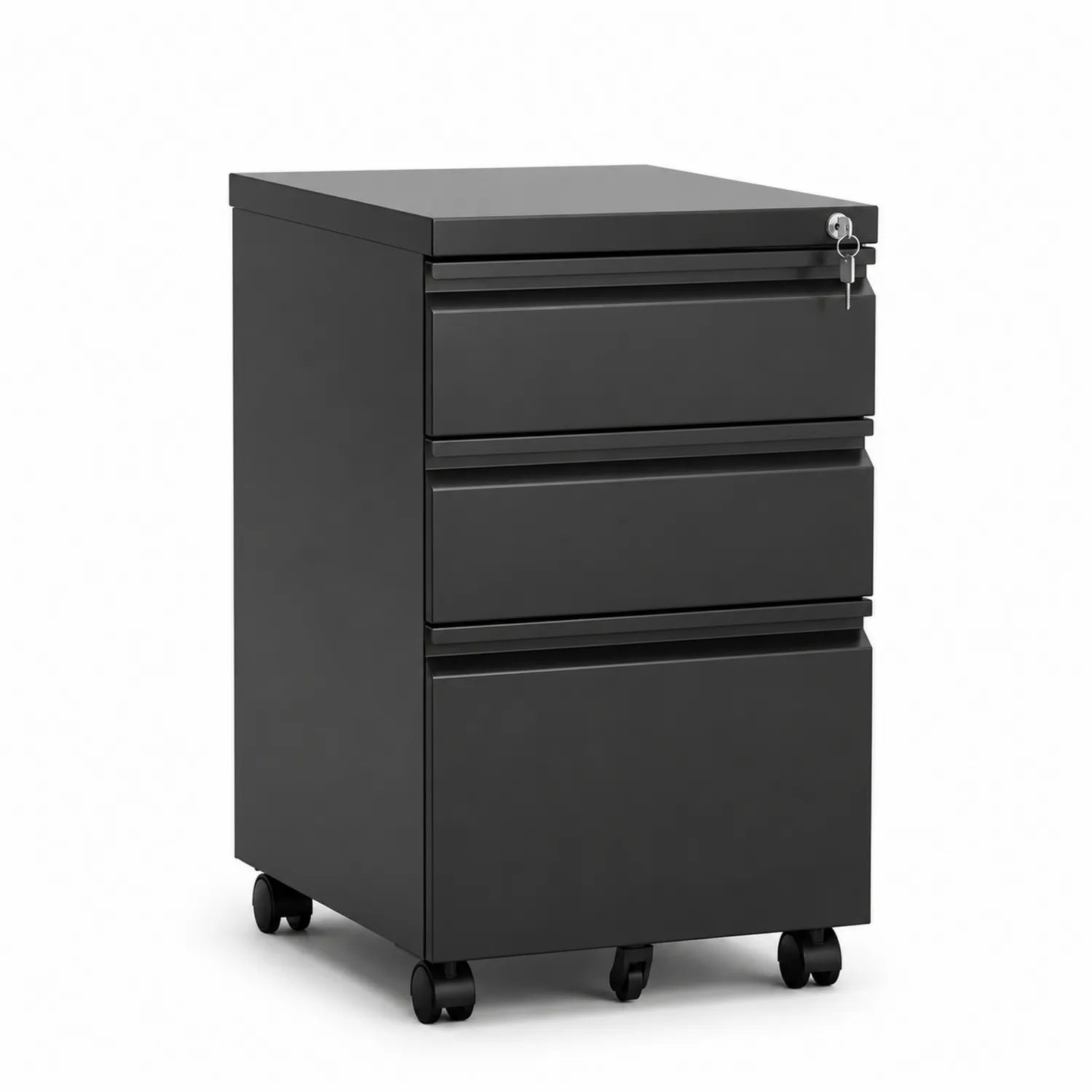 Schwarzer Stahlschrank mit Rollen und 3 Schubladen