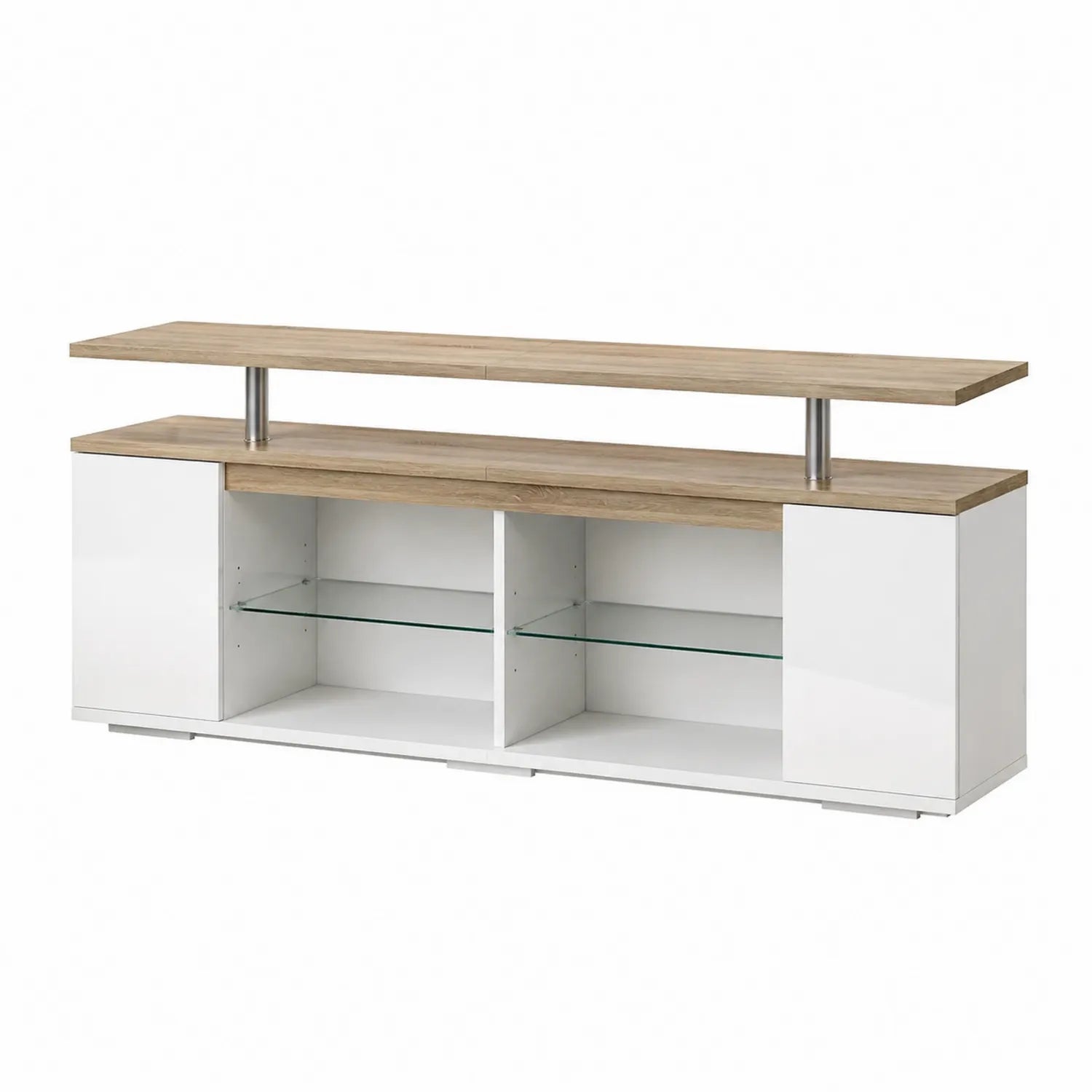 TV-Schrank Holzoptik Sicherheitsglasregale 140cm Weiß/Eiche