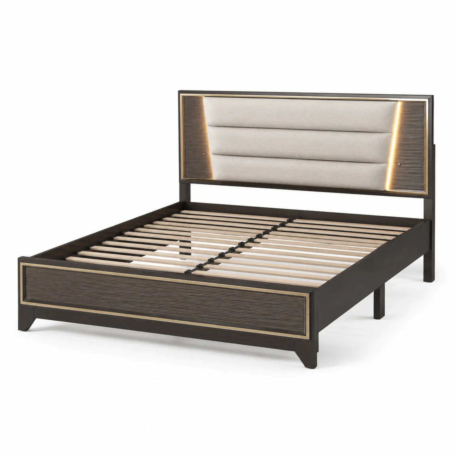 Holzbettgestell mit Polsterkopfteil und LED-Beleuchtung 200x150 cm Braun/Beige