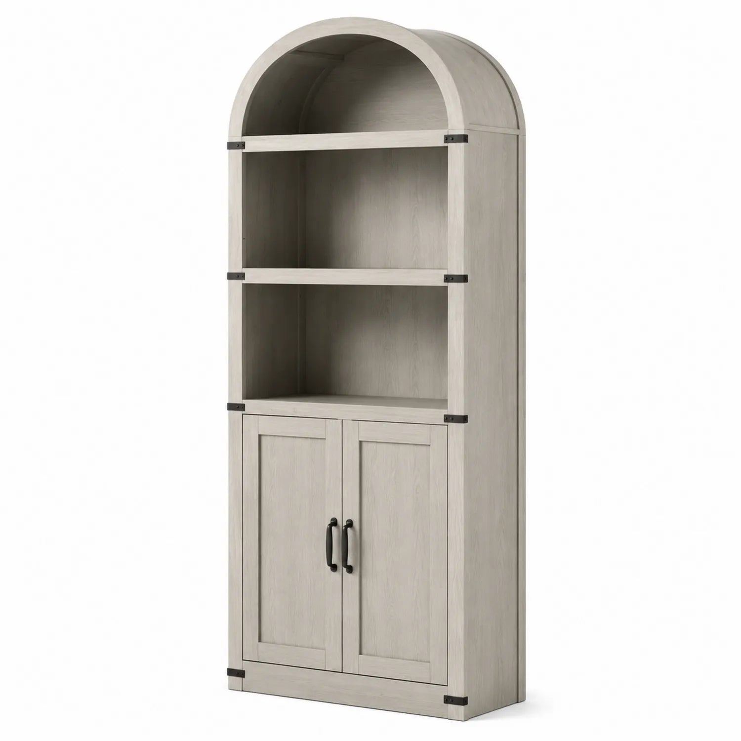 Holz Bücherregal mit Gewölbe, 2 Regalböden, 2 Türen, Grau, 180x75x30 cm