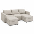 Modulares Ecksofa mit Ottomane Stoff Leinen Beige