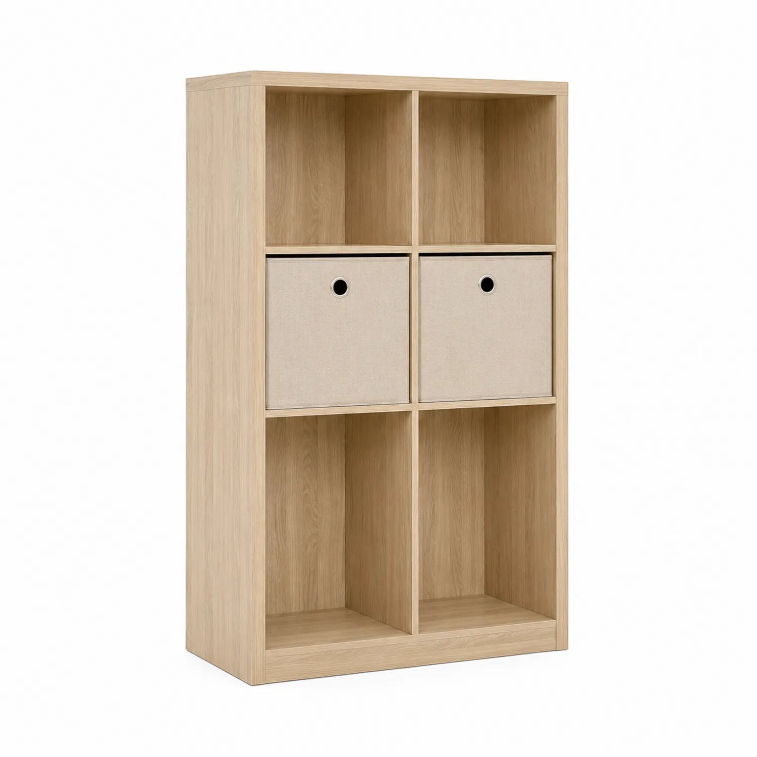 Regal mit 4x2 Fächern aus Holzwerkstoff in Eiche Hell und 2 Stoffboxen
