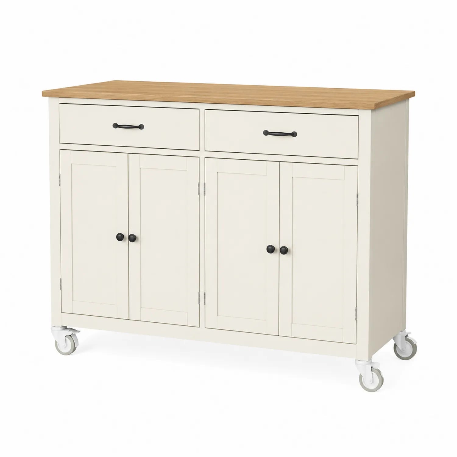 Sideboard mit Rollen, 2 Schubladen, 4 Türen, Holz, Weiß und Natur