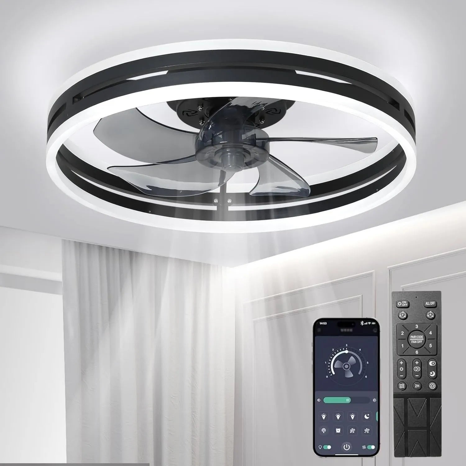 Deckenventilator mit Licht und Fernbedienung, 50W, dimmbar, leise, 6 Geschwindigkeiten, Timer, für Schlafzimmer und Wohnzimmer, Schwarz, 40 cm