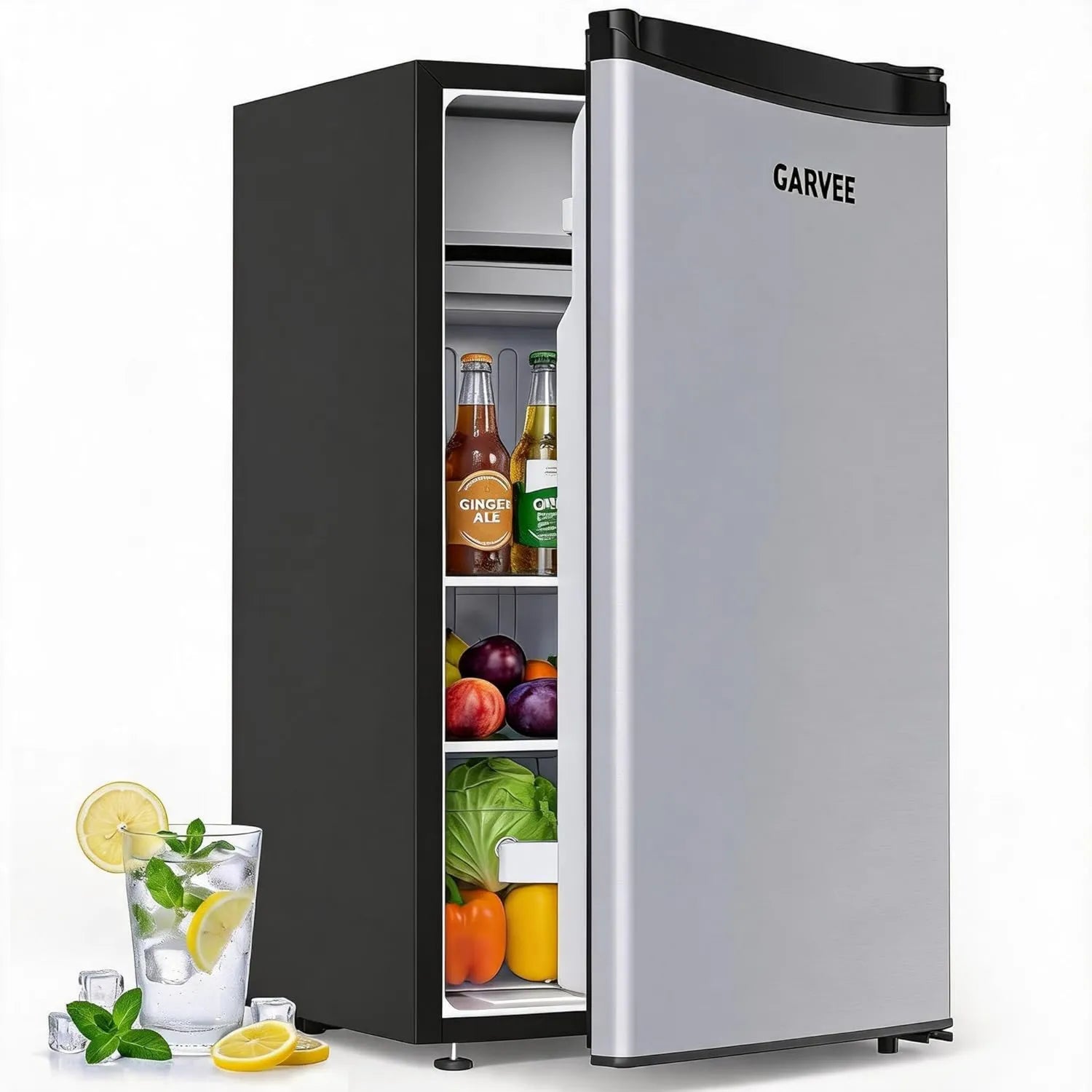 Garvee Leiser Mini Kühlschrank 45L – Edelstahl, 5 Temperaturstufen, Gemüsefach, höhenverstellbar, platzsparend & energieeffizient – Ideal für Zuhause & Büro