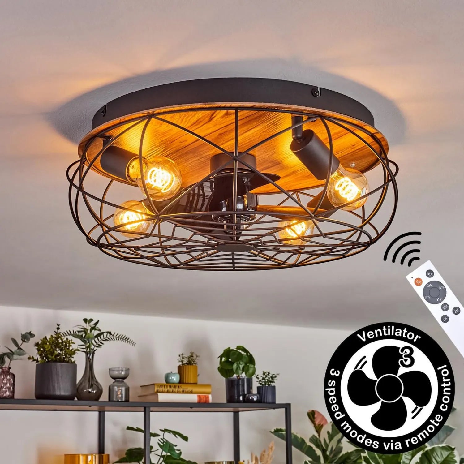 LED Deckenventilator mit Fernbedienung, Retro-Design in Schwarz und Holzoptik, für Wohnzimmer, Schlafzimmer und Esszimmer