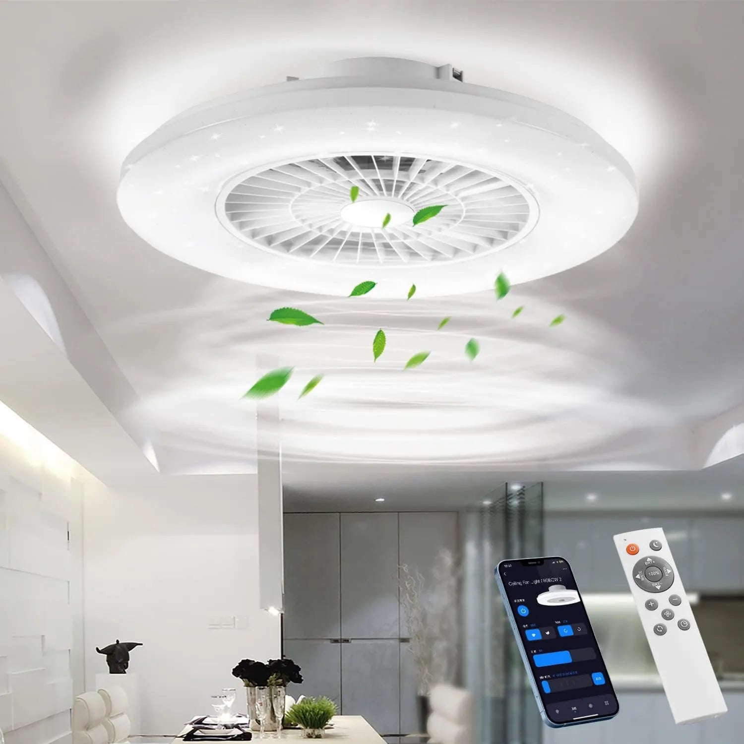 Smart LED-Deckenventilator mit Dimmbare Beleuchtung, Stufenlose Lüftergeschwindigkeit, 3000-5500K, Weiß, 60CM