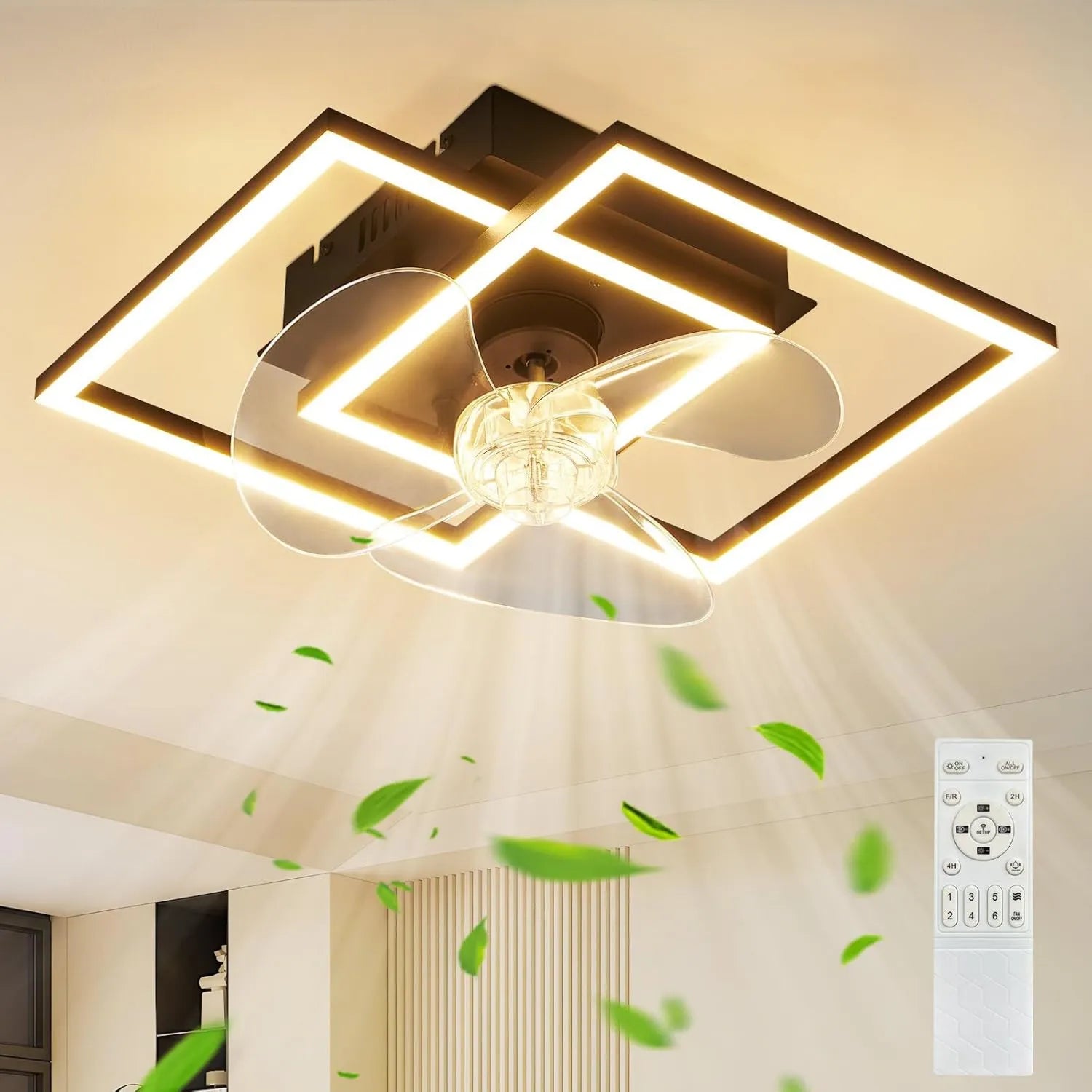 Leiser LED Deckenventilator mit Licht und Fernbedienung, Schwarz, Dimmbar, 34 cm, 29W, 6 Geschwindigkeiten, 3 Farbmodi, Timer, Ideal für Schlafzimmer und Küche
