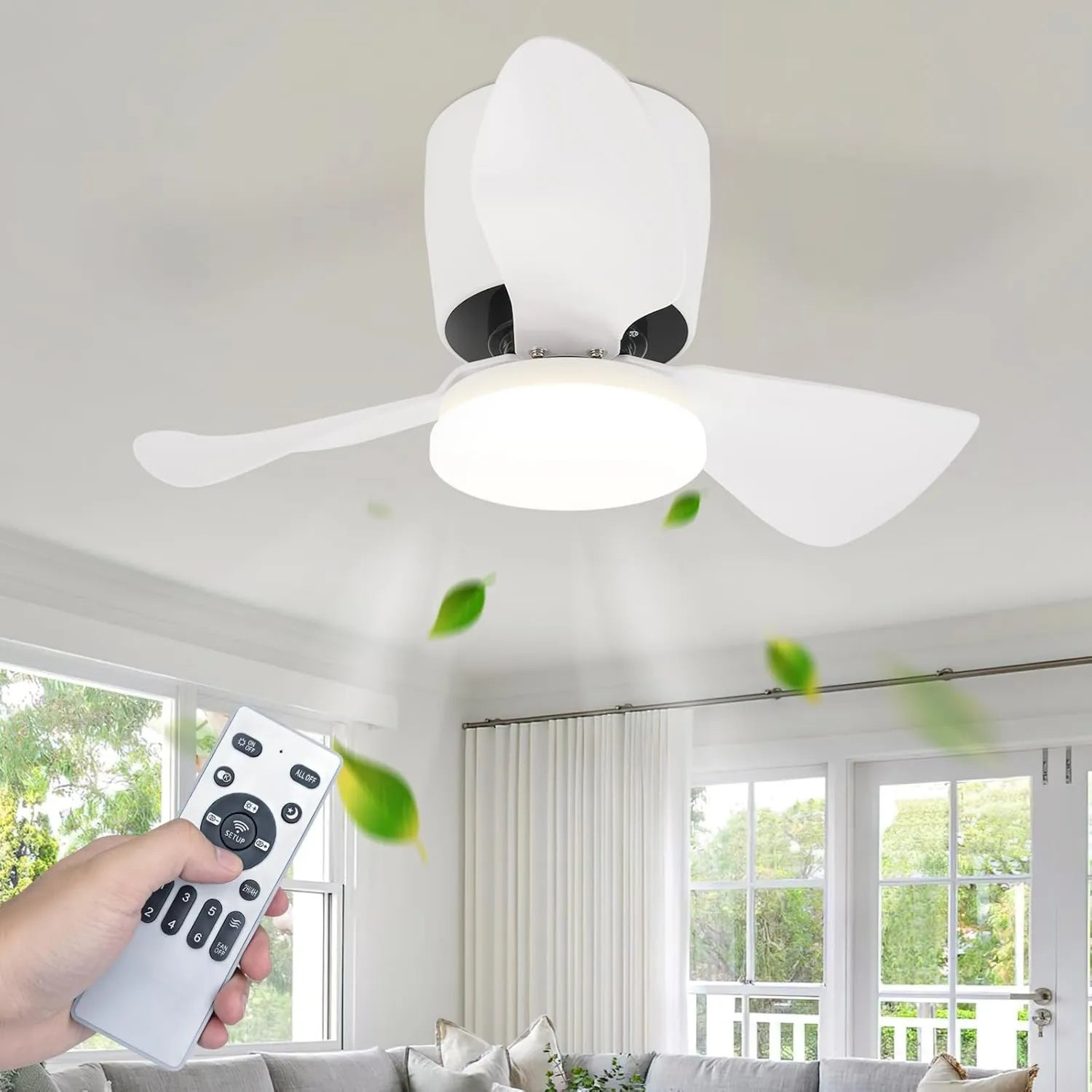 Leiser LED-Deckenventilator mit Licht, dimmbar, 70 cm, Fernbedienung, 6-Gang-Timer, 23W, Weiß, für Wohnzimmer und Essbereich