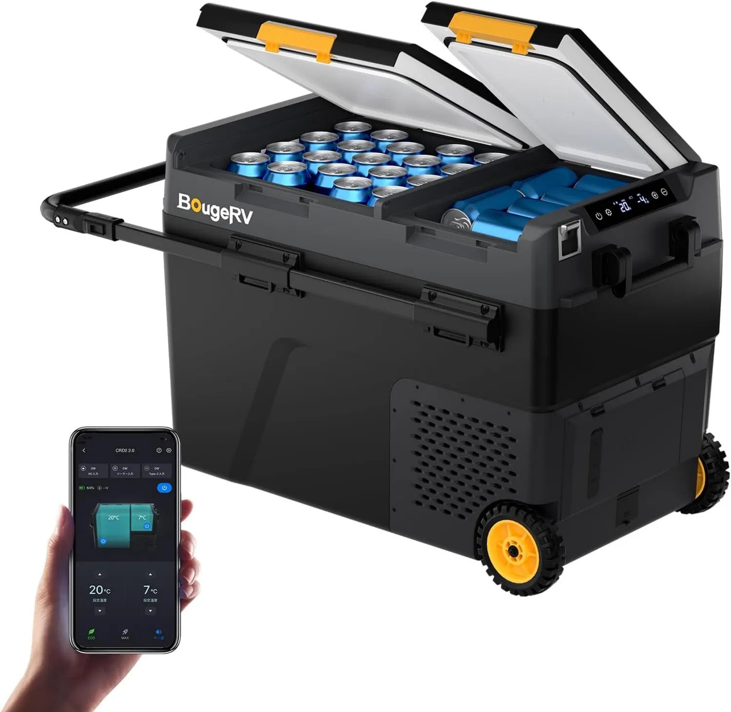 BougeRV 49L Dualzone Kompressorkühlbox mit Gefrierfach, Tragbar mit Rollen und Griff, 12/24V & 230V, App-gesteuert, IPX4, -20°C bis 20°C, Ideal für Camping