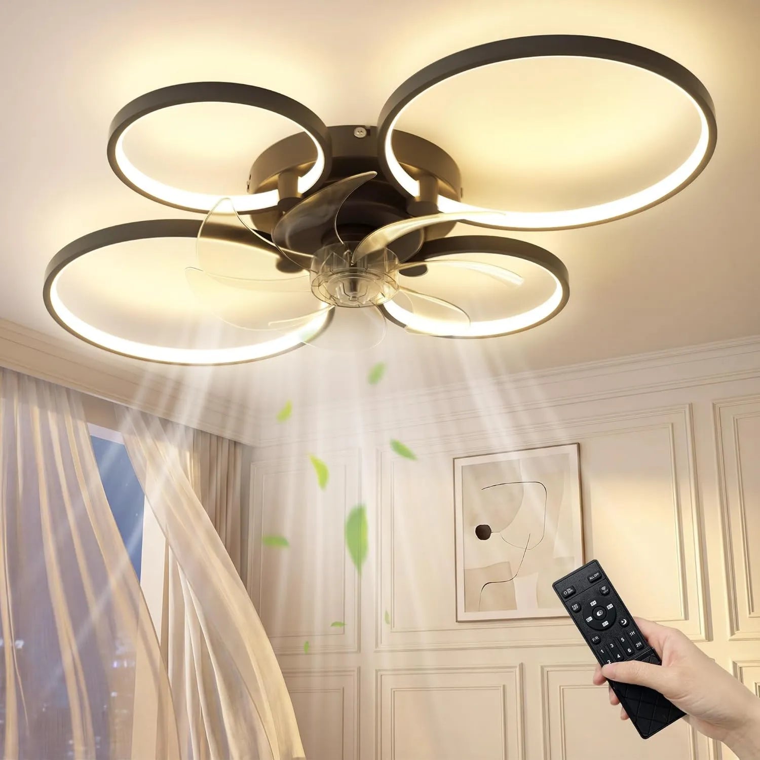 NIORSUN Deckenventilator mit LED-Leuchte, 78 cm, leiser Betrieb, schwarz, steuerbar per App und Fernbedienung, dimmbar, ideal für Wohn-, Schlaf- und Esszimmer, 6 Geschwindigkeiten, Timer-Funktion
