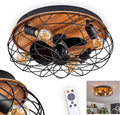 Retro LED Deckenventilator mit Fernbedienung, Metall/MDF in Schwarz-Holzoptik, Wohnzimmer/Schlafzimmer