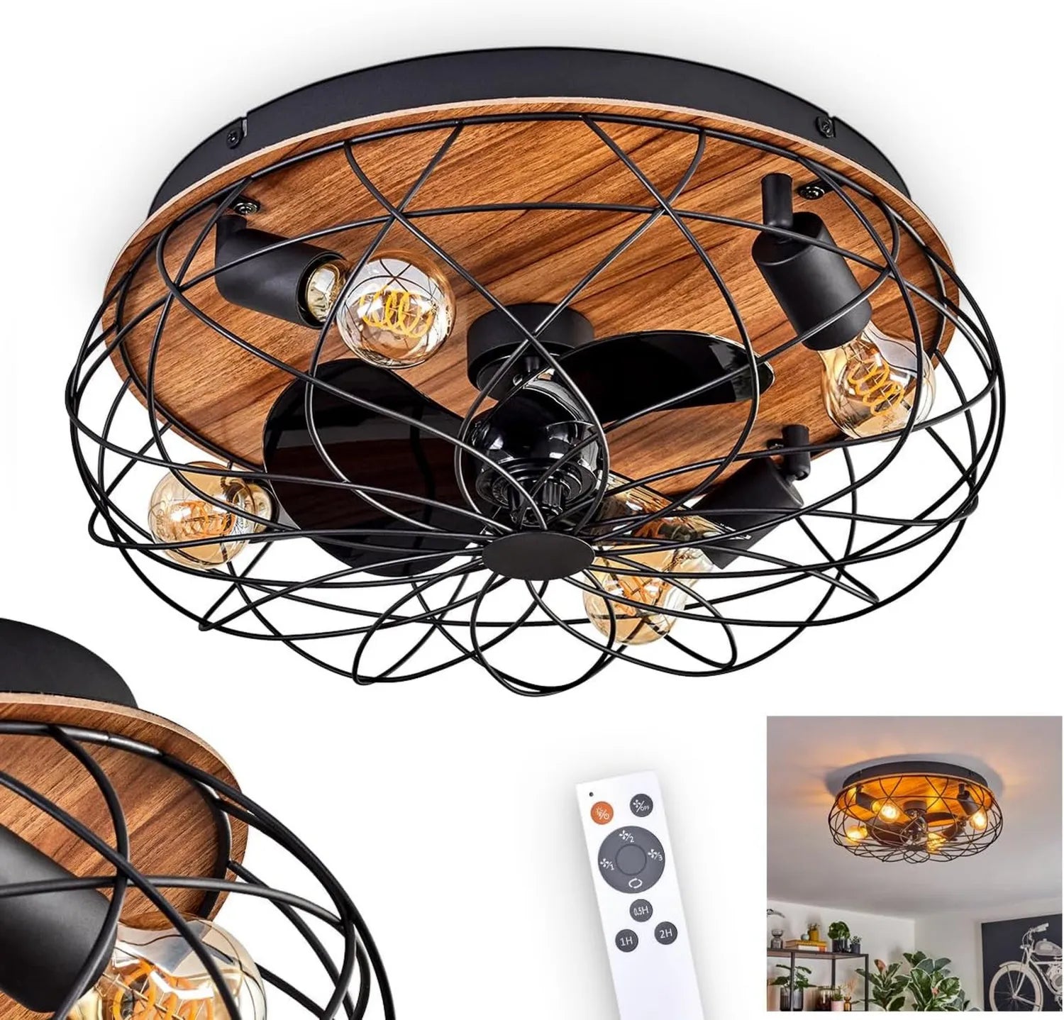 Retro LED Deckenventilator mit Fernbedienung, Metall/MDF in Schwarz-Holzoptik, Wohnzimmer/Schlafzimmer