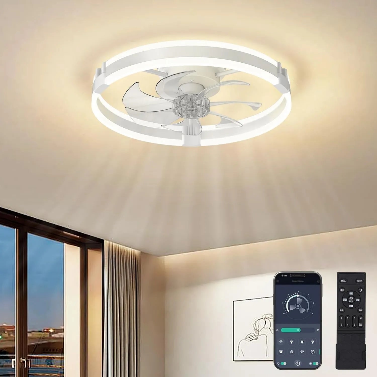 Moderner LED-Deckenventilator mit Beleuchtung, leise und dimmbar, 6 Geschwindigkeiten, Fernbedienung und Timer, ideal für Wohnzimmer, Weiß