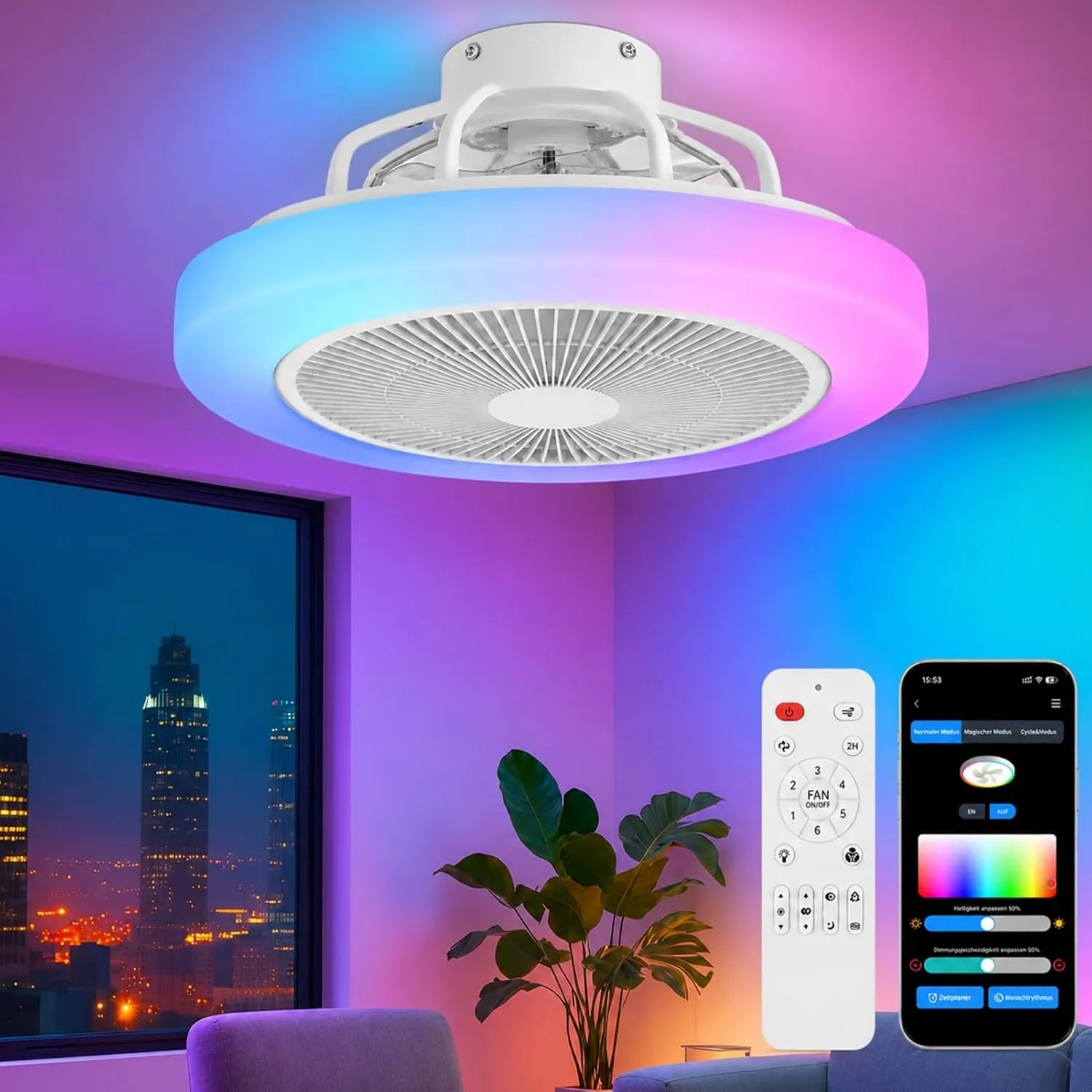 Moderne LED Deckenventilatorlampe mit Dimmer und Farbwechsel, 48cm, inklusive Fernbedienung und App-Steuerung