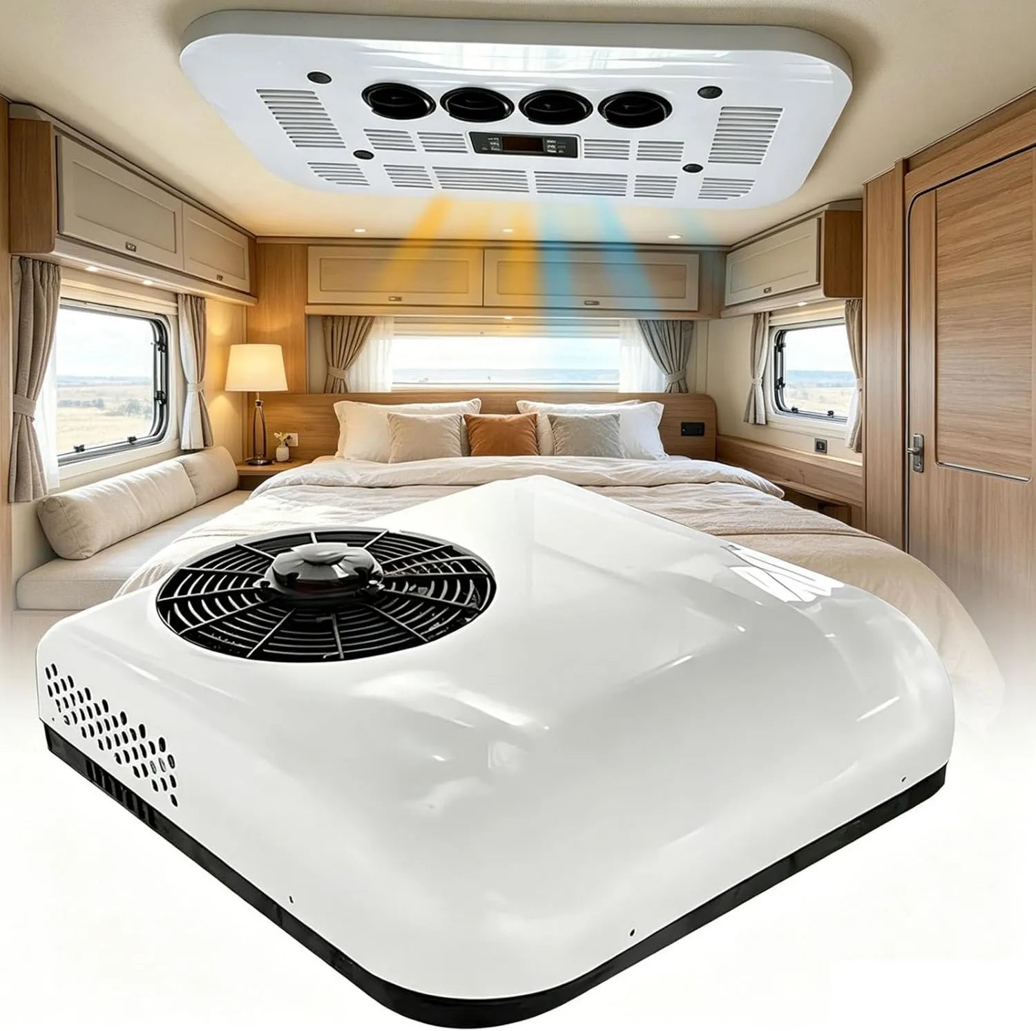 Leise Wohnmobil-Klimaanlage 12V/24V mit Fernbedienung, 2200W Kühl- und Heizleistung, Energiesparend & 360° Belüftung, Ideal für Camper Vans
