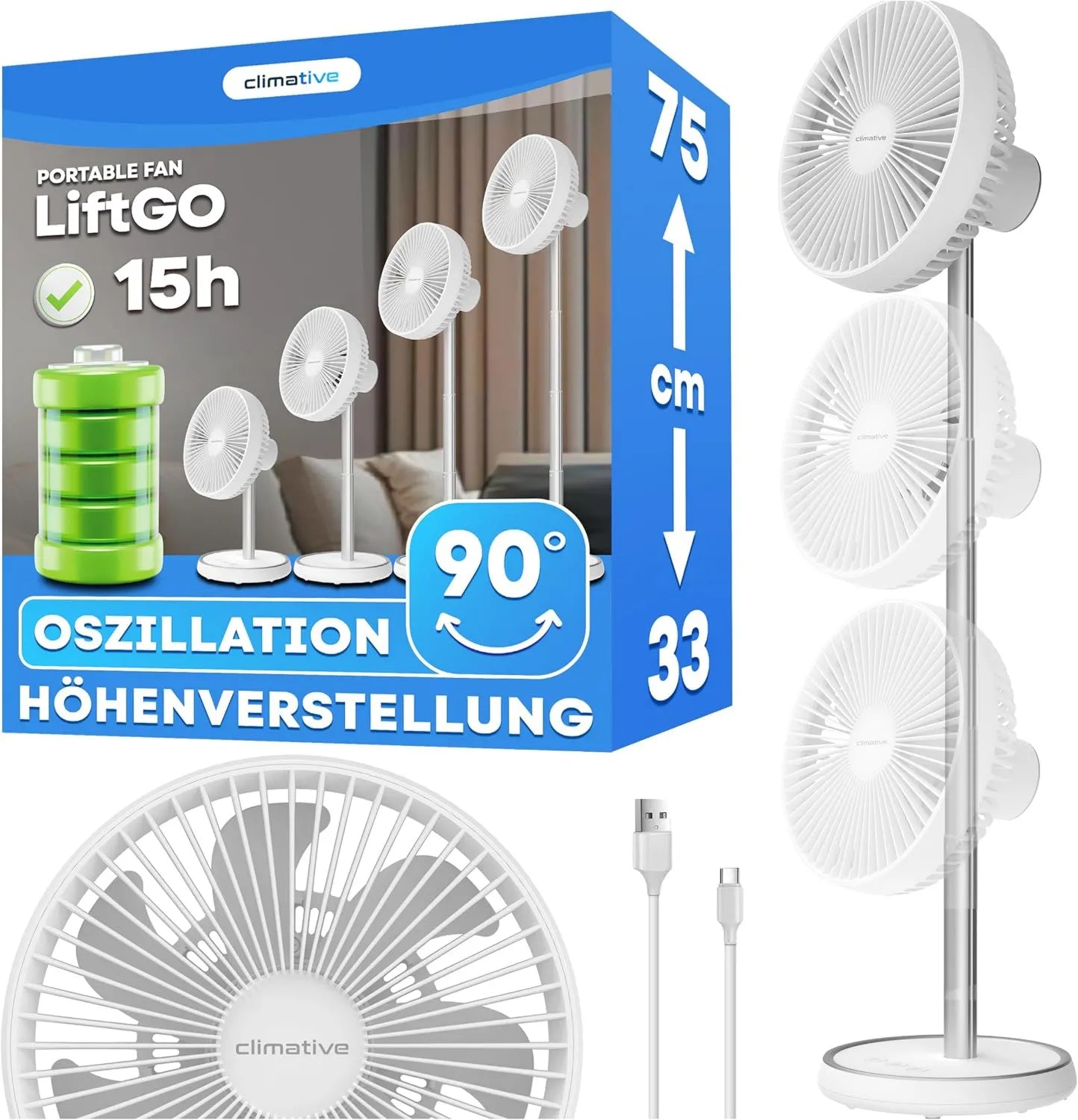 Tragbarer USB-Tischventilator, leise, höhenverstellbar 33-75cm, 4000mAh Akku, 90° oszillierend, für Büro, Schlafzimmer & Camping