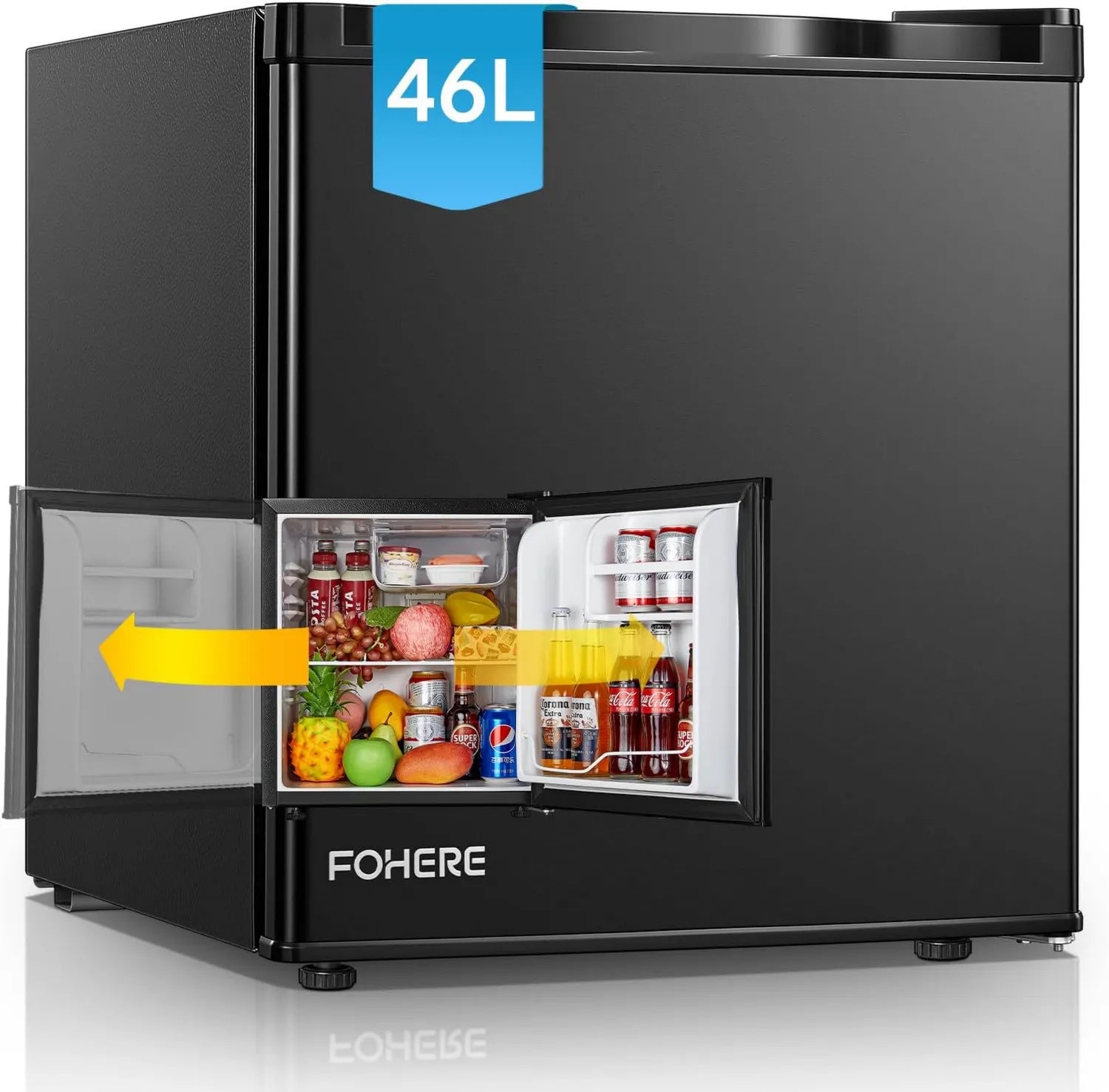 FOHERE Kompakter Kühlschrank 46L mit Gefrierfach | Energieeffizient, Leise und Einstellbar | Perfekt für Büro, Camping und Gaming | Flexibler Türanschlag | Schwarz