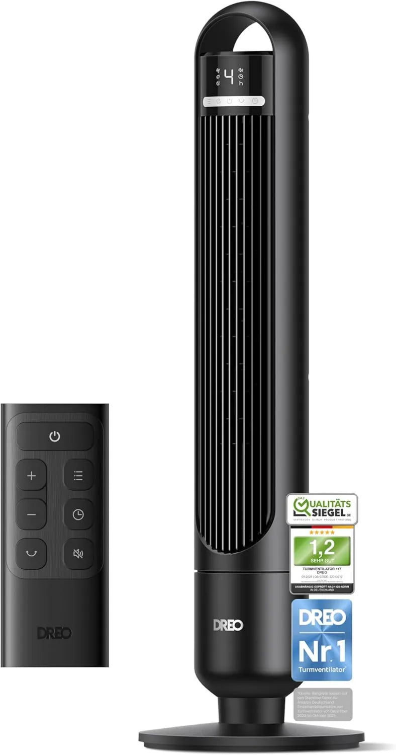 DREO Turmventilator mit Fernbedienung, 4 Geschwindigkeiten, 8-Stunden-Timer, leise Betriebsweise, Kühlluft für Wohn- und Schlafzimmer, 90° Schwenkfunktion