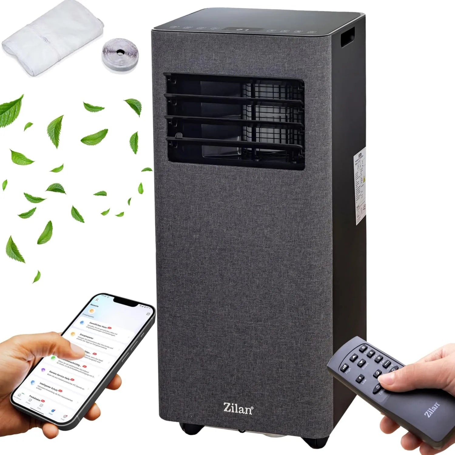 Mobiles Klimagerät 9000 BTU mit WLAN & Abluftschlauch, leise 3-in-1 Funktion: Kühlen, Entfeuchten, Ventilator, inklusive Fensterabdichtung & Fernbedienung, Timer, App-Steuerung