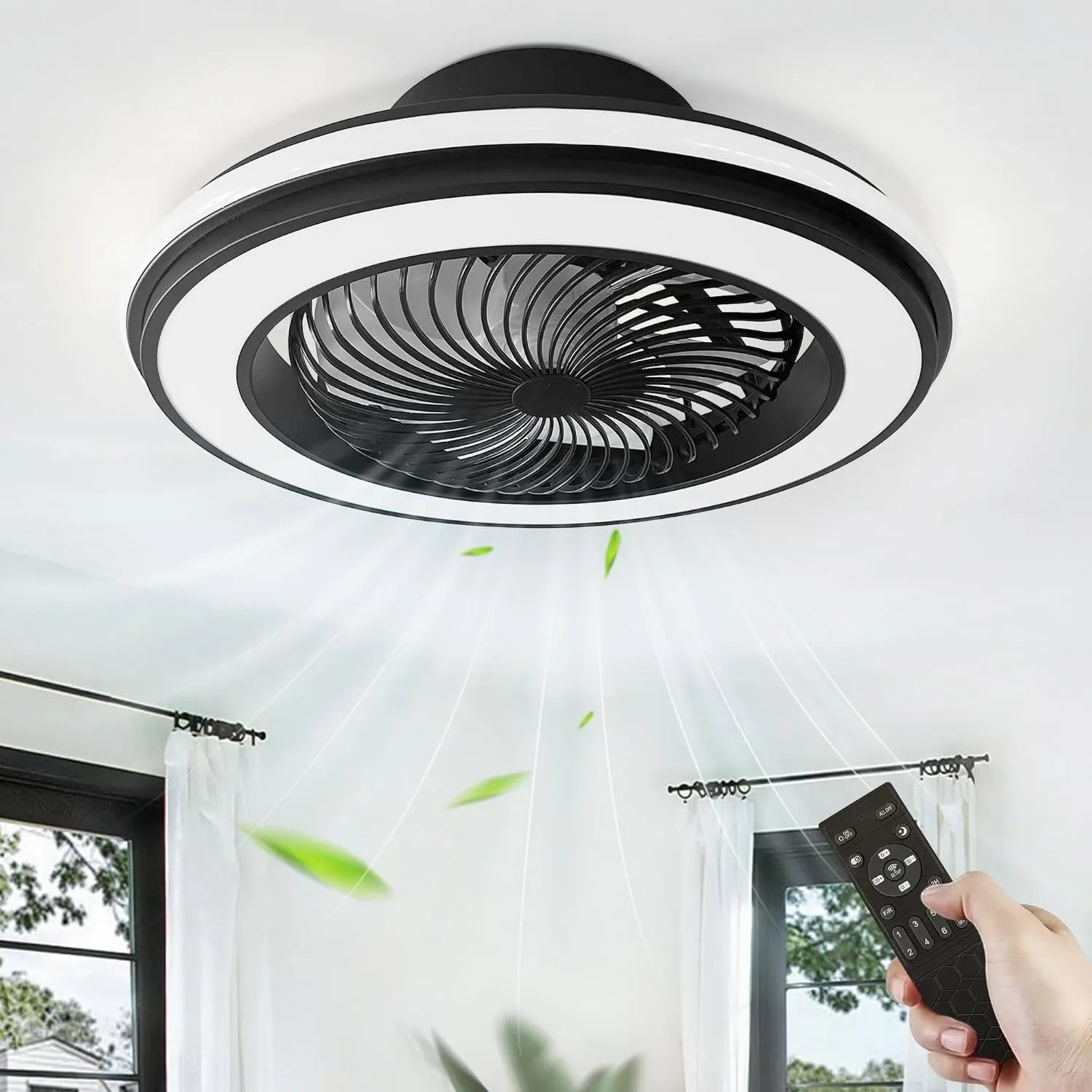 Runder Deckenventilator mit LED-Beleuchtung und leisem DC-Motor, Dimmbar, 53cm Schwarz, mit Fernbedienung und App-Steuerung, ideal für Schlafzimmer & Wohnzimmer, 6 Geschwindigkeiten