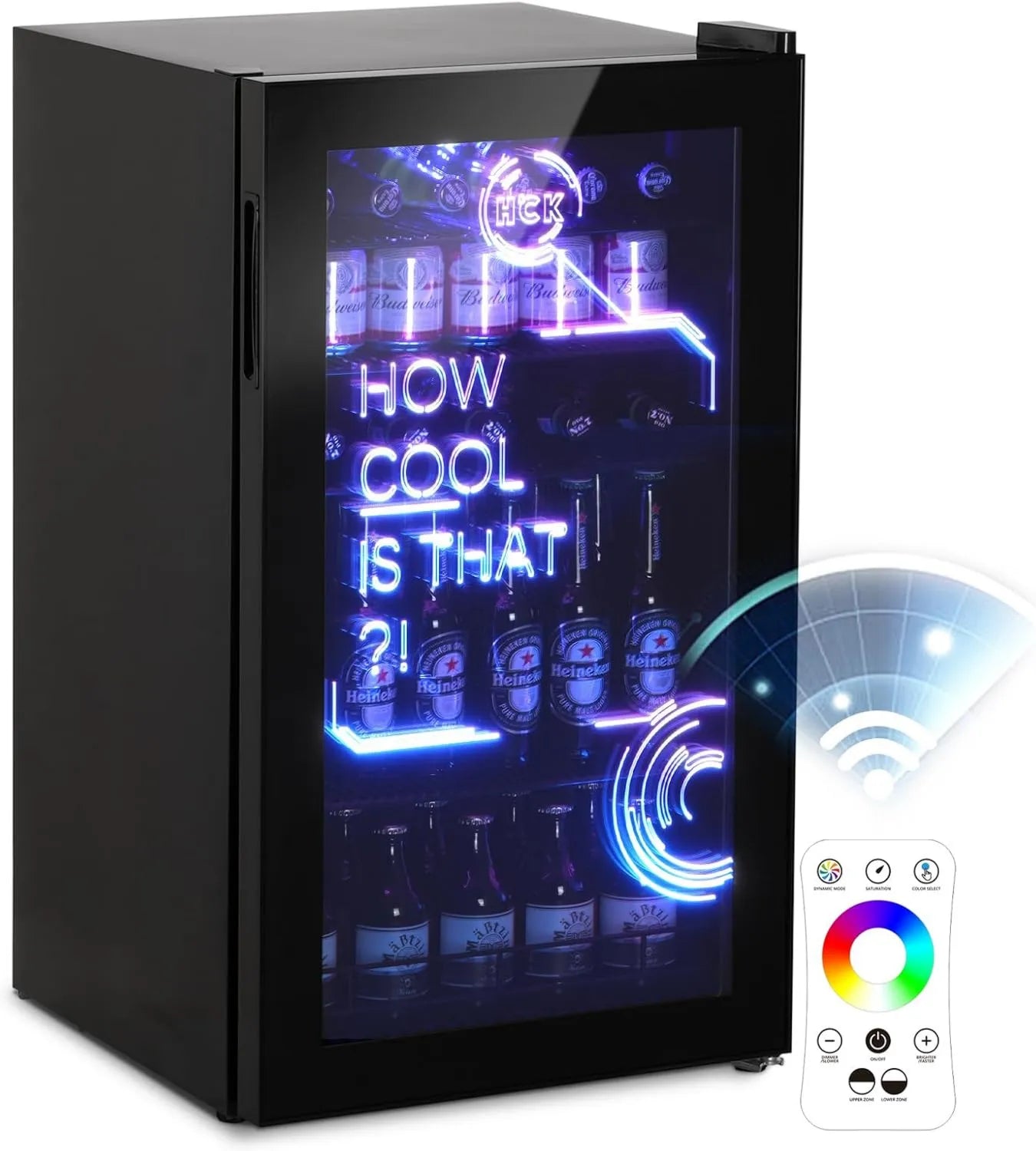 HCK 98L Getränkekühlschrank mit RGB-Beleuchtung, leiser 39dB Minibar mit Glastür, 0-15°C, ideal für Spielzimmer und Küche, Schwarz