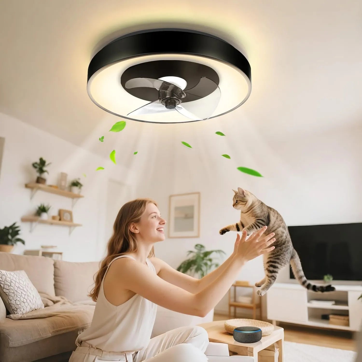 Smarte LED-Deckenventilatorleuchte mit Alexa-Kompatibilität, 40W, 4400 Lumen, Dimmbar 2700K-6500K, Geräuscharm, mit Fernbedienung und Gateway, 6 Stufen, Ø50CM