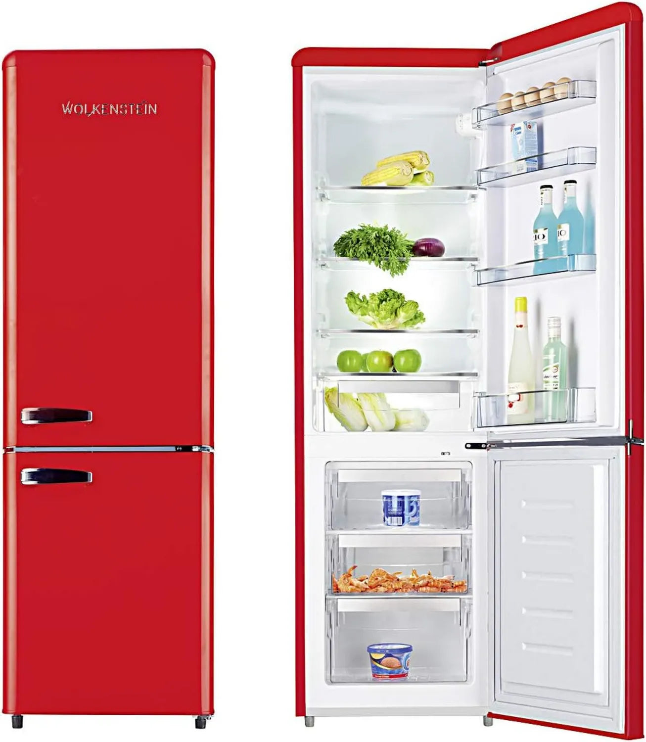 Wolkenstein Retro Kühl-Gefrierkombination 249L, Rot, Energieeffizient, Höhenverstellbare Böden