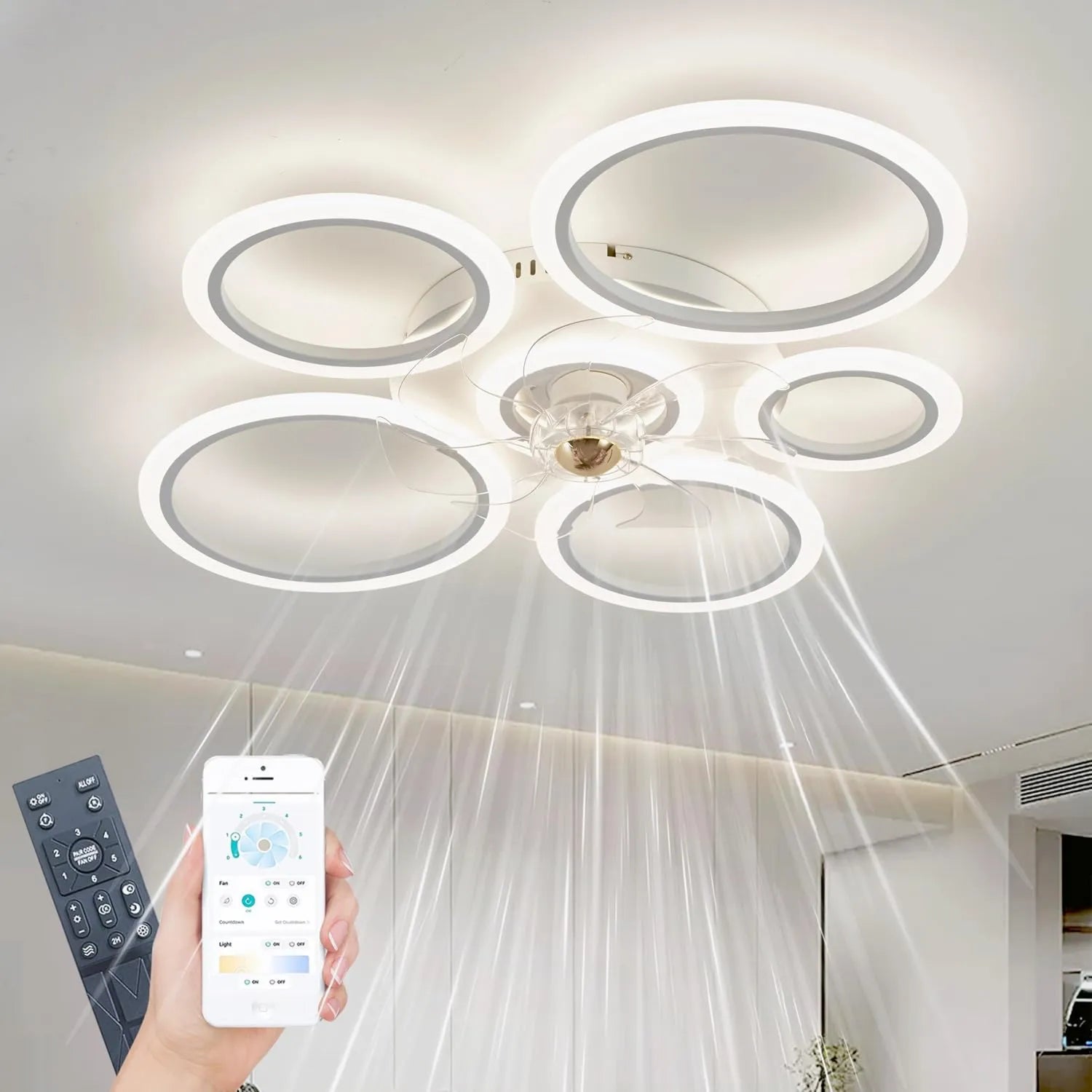 Leiser Deckenventilator mit LED-Beleuchtung, 72W, dimmbar, inkl. App- und Fernbedienung, ideal für Wohn-, Schlaf- und Esszimmer, 6 Geschwindigkeiten, Timer, 90cm, weiß