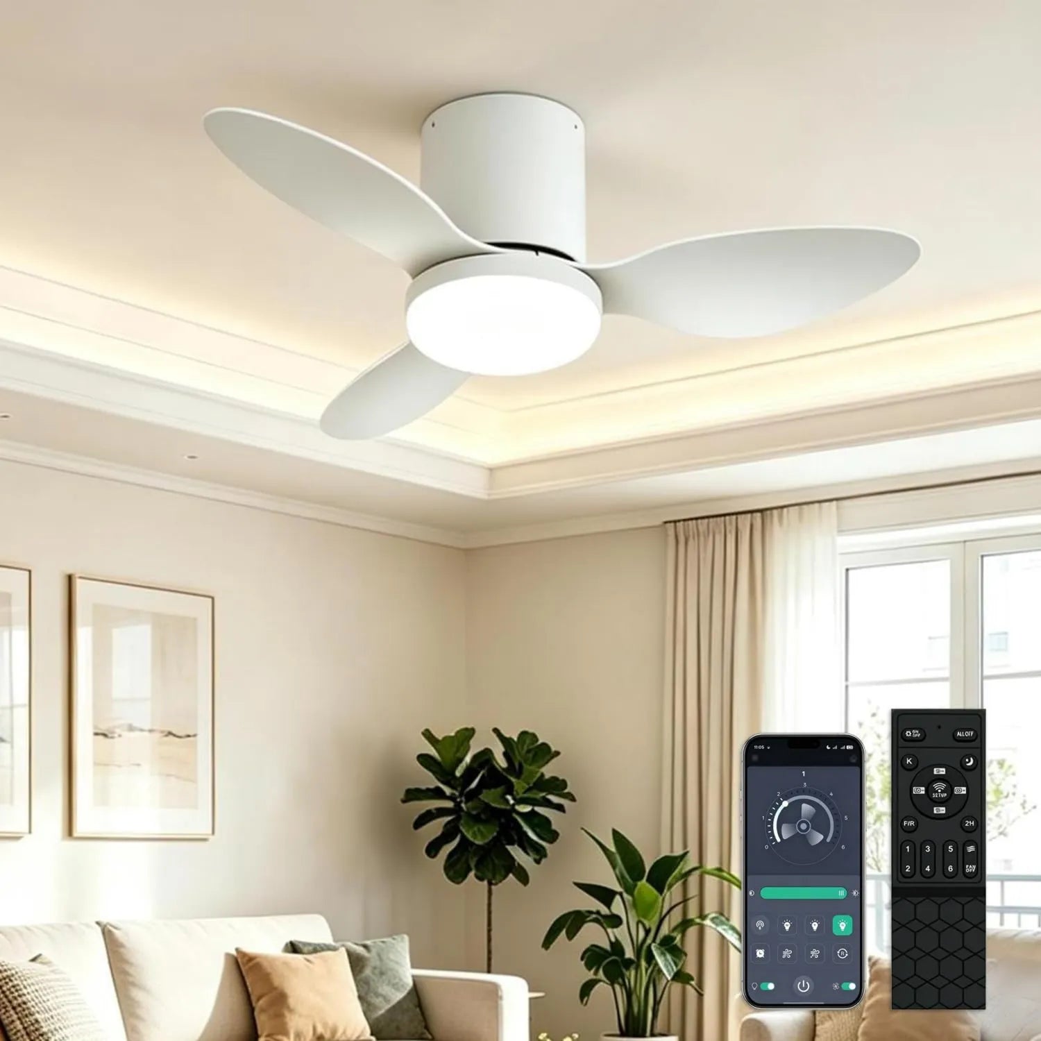 LED Deckenventilator mit Beleuchtung und Fernbedienung, 65cm, Dimmbar, Leiser DC Motor, 6 Geschwindigkeiten, Timer und Umkehrfunktion