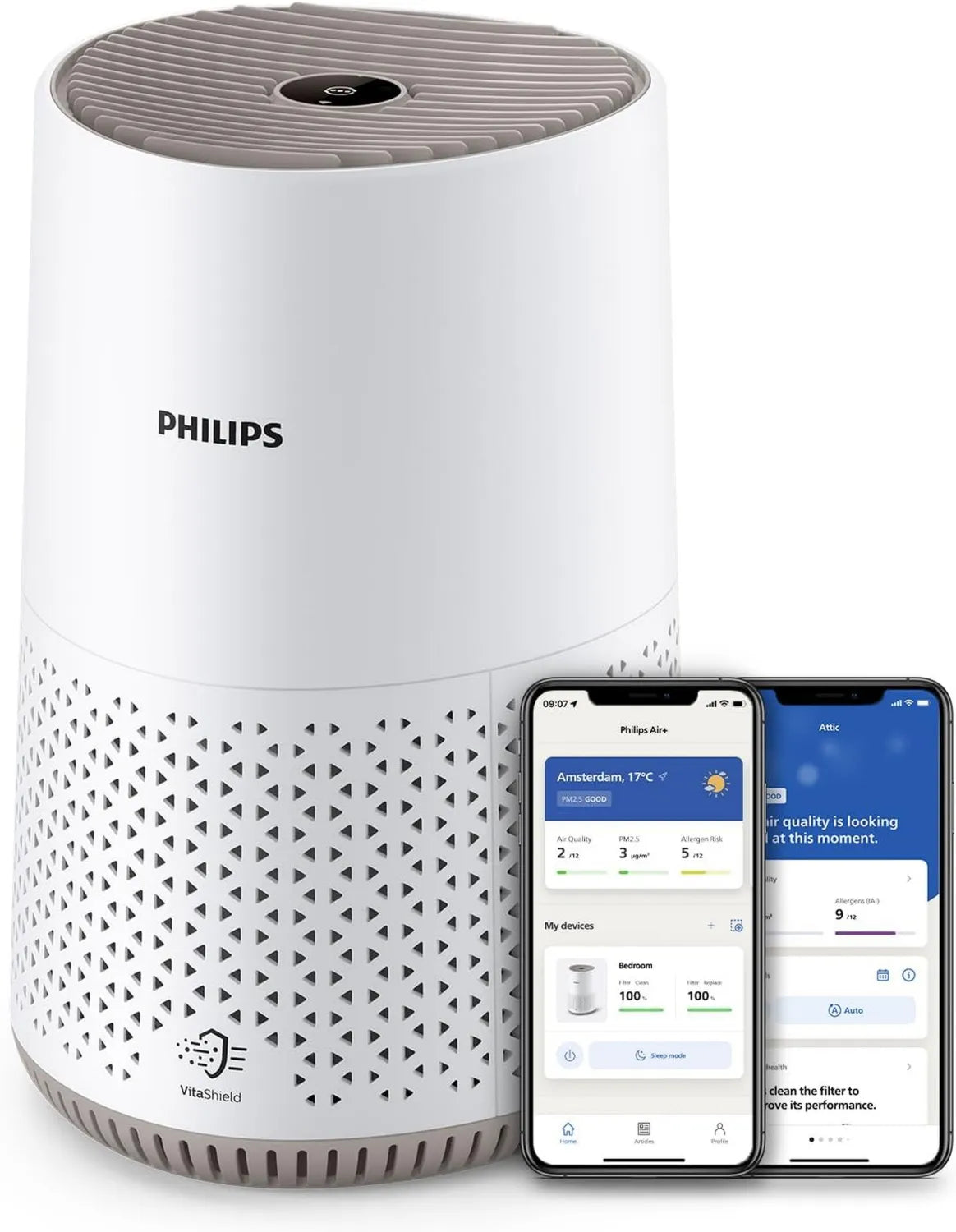 Philips Luftreiniger Serie 600: Allergikerfreundlich, HEPA-Filter 99,97% Effizienz, leise & energiesparend, App-Steuerung, bis 44m², Weiß
