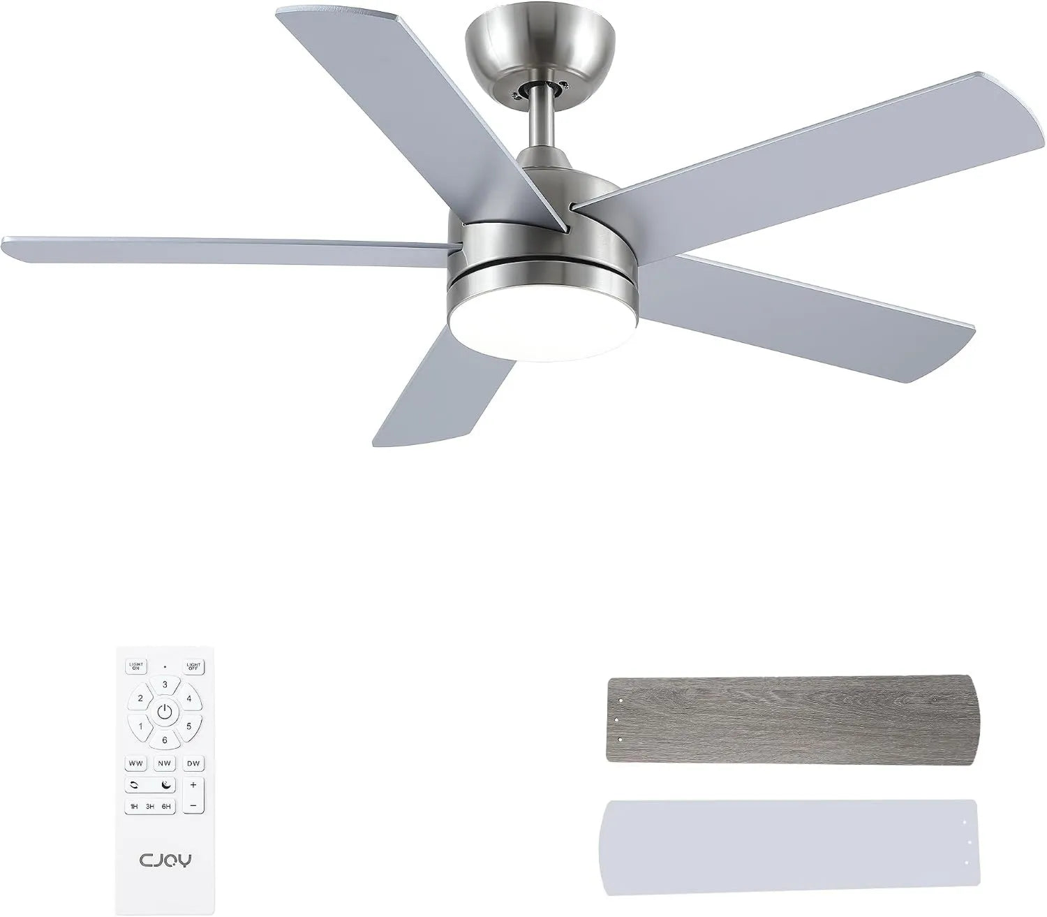 CJOY 107cm Deckenventilator mit Licht und Fernbedienung, Silber/Holz, Leise, 3 Farbtemperaturen, 5 Umkehrbare Blätter, Ideal für Schlafzimmer