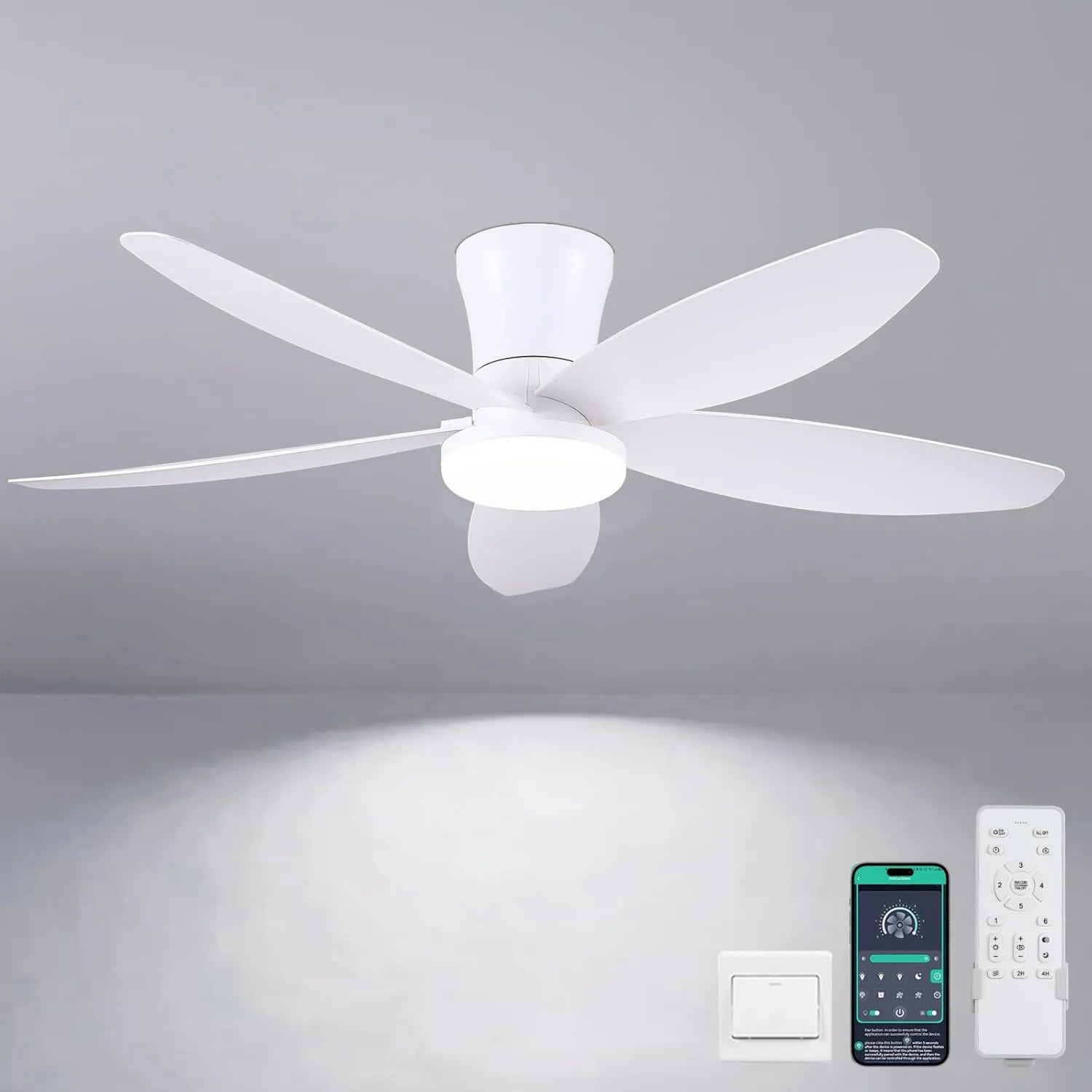 Moderne LED-Deckenventilator mit Fernbedienung und App-Steuerung, 106CM, dimmbar, für Schlafzimmer und Außenbereich, Weiß