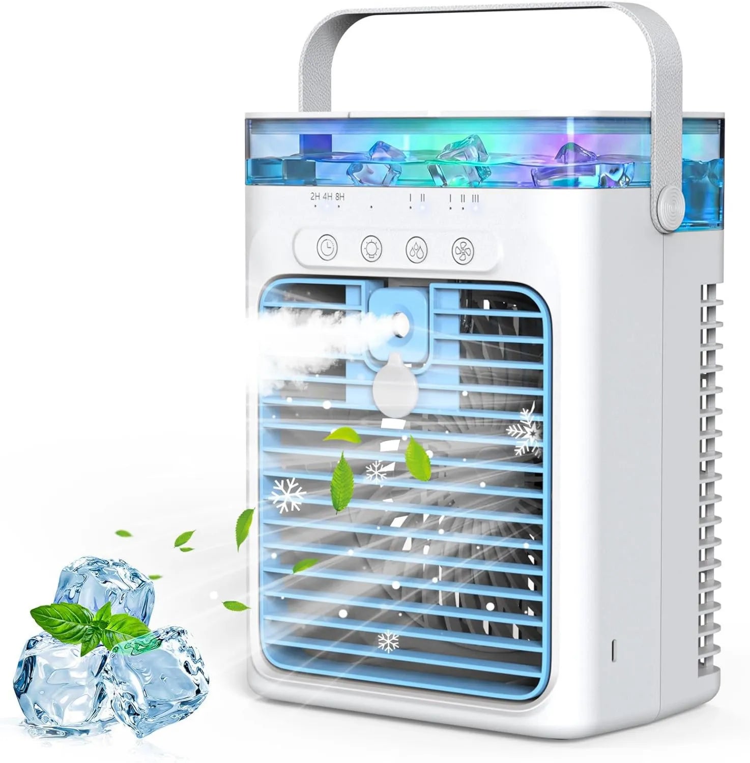 Tragbare Klimaanlage mit Wasserkühlung, 4-in-1 Luftkühler, 1000ml Tank, 3 Stufen, 2 Sprühmodi, Timer 2/4/8 Std., USB für Zuhause & Büro