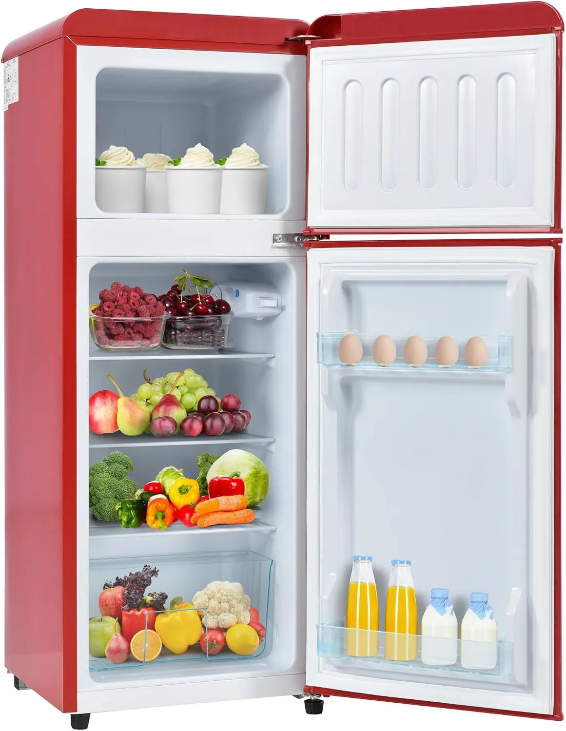 Merax Retro Mini-Kühlschrank 92L, Zweitürig mit 28L Gefrierfach, 7 Temperaturstufen, Freistehend, Rot, 41x105,5 cm