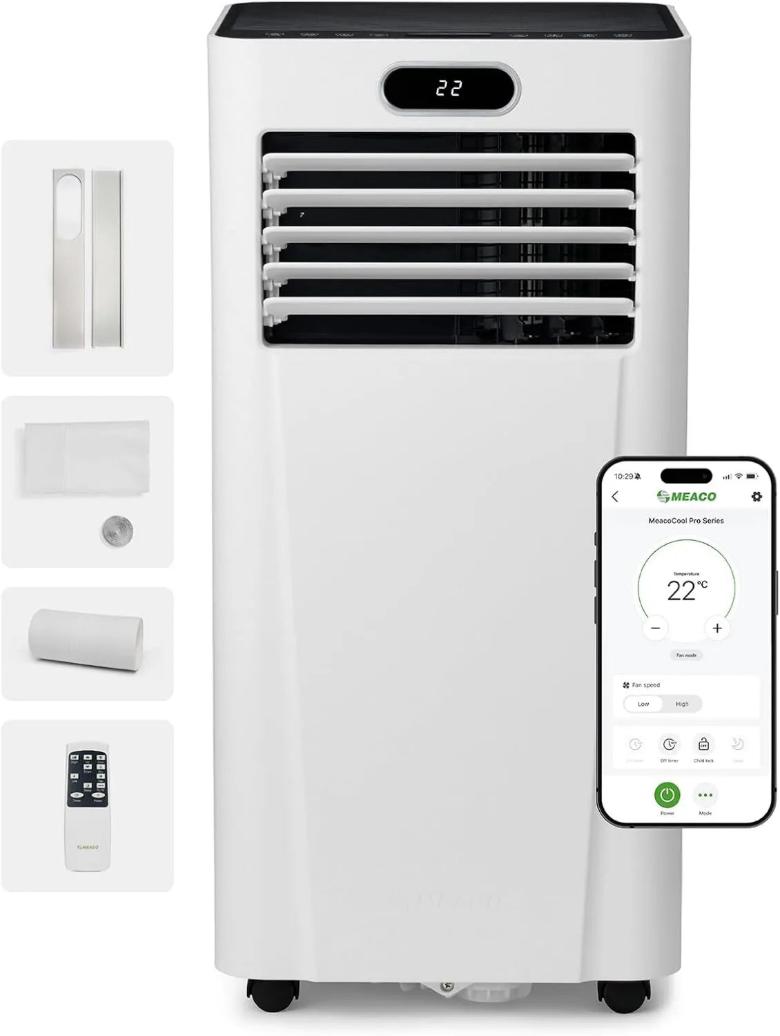 MeacoCool 10000 BTU Mobiles Klimagerät mit App-Steuerung, leise & energiesparend, 4-in-1 Funktion, geeignet für 18–28 m², inkl. Schlafmodus & 2 Fenster-Kits