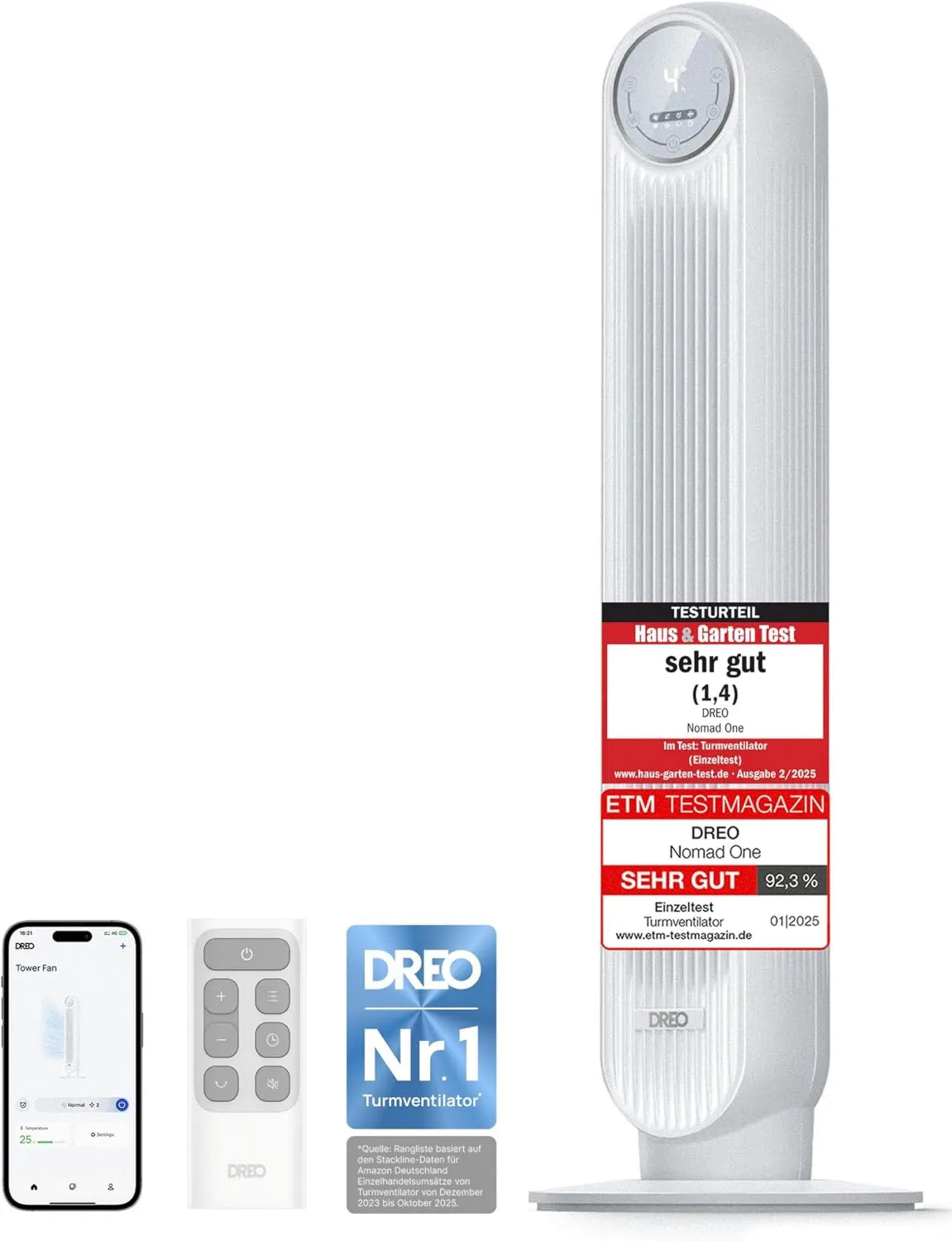 Leiser Turmventilator Dreo Smart – 20dB, 10m Reichweite, WLAN & Fernbedienung, 4 Geschwindigkeiten, 4 Modi, 8h Timer, 90° oszillierend, Weiß
