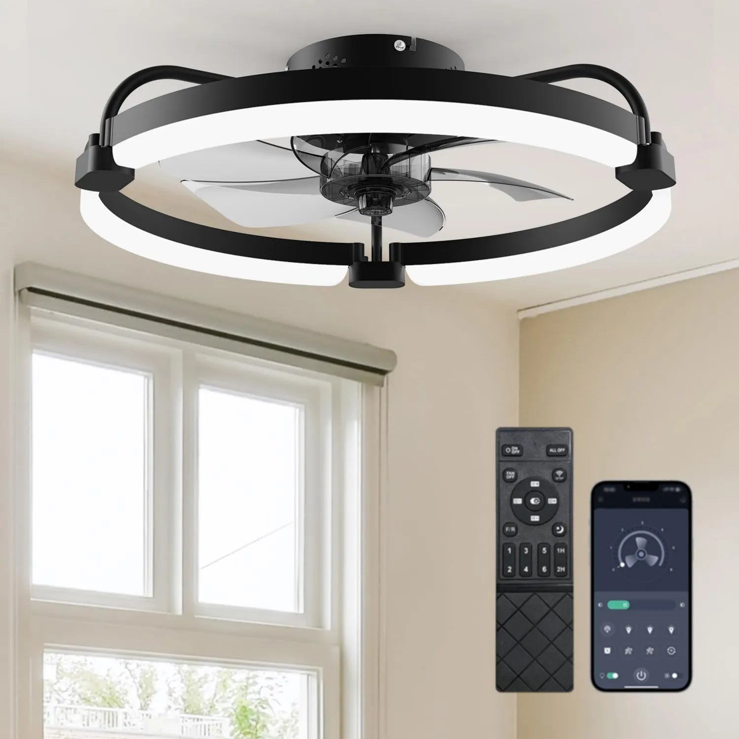 Moderner Deckenventilator mit LED-Beleuchtung, 50 cm, leise, mit Fernbedienung, dimmbar, flaches Design, geeignet für Schlafzimmer und Büro, schwarz