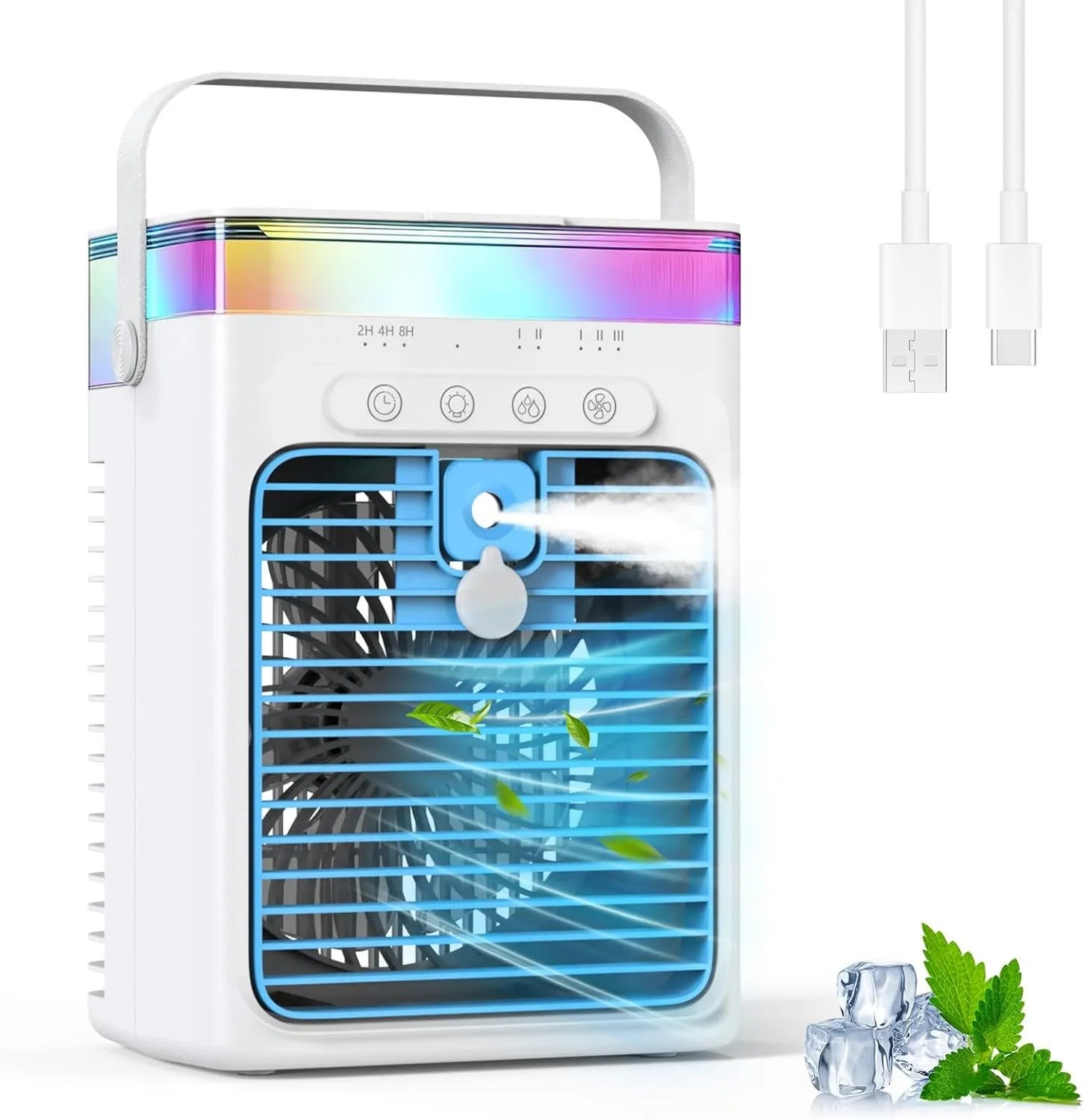 Mini Luftkühler 3-in-1, Tragbare Klimaanlage mit RGB-Licht und Timer, 1000ml USB-Ventilator, Einstellbare Geschwindigkeiten und Nebelmodi, Ideal für Schlafzimmer Büro Auto Camping