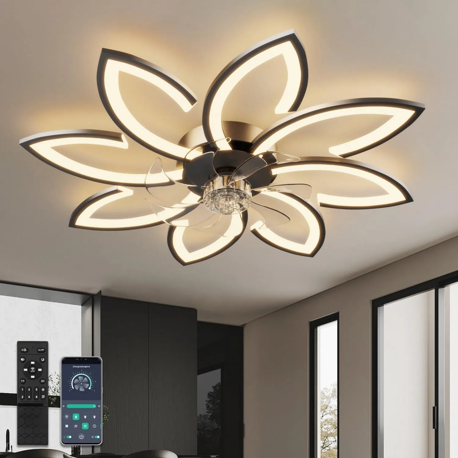 Moderner 90 cm Deckenventilator mit LED-Beleuchtung und leisem DC-Motor, dimmbar für Wohnzimmer, Schlafzimmer und Küche, Schwarz. Sommer- und Wintermodus