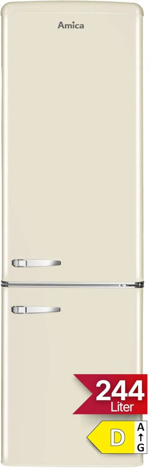 Amica Retro Kühlschrank mit Gefrierfach, 244 l, LED-Beleuchtung, Glasablagen, Chrom-Flaschenhalter, Beige