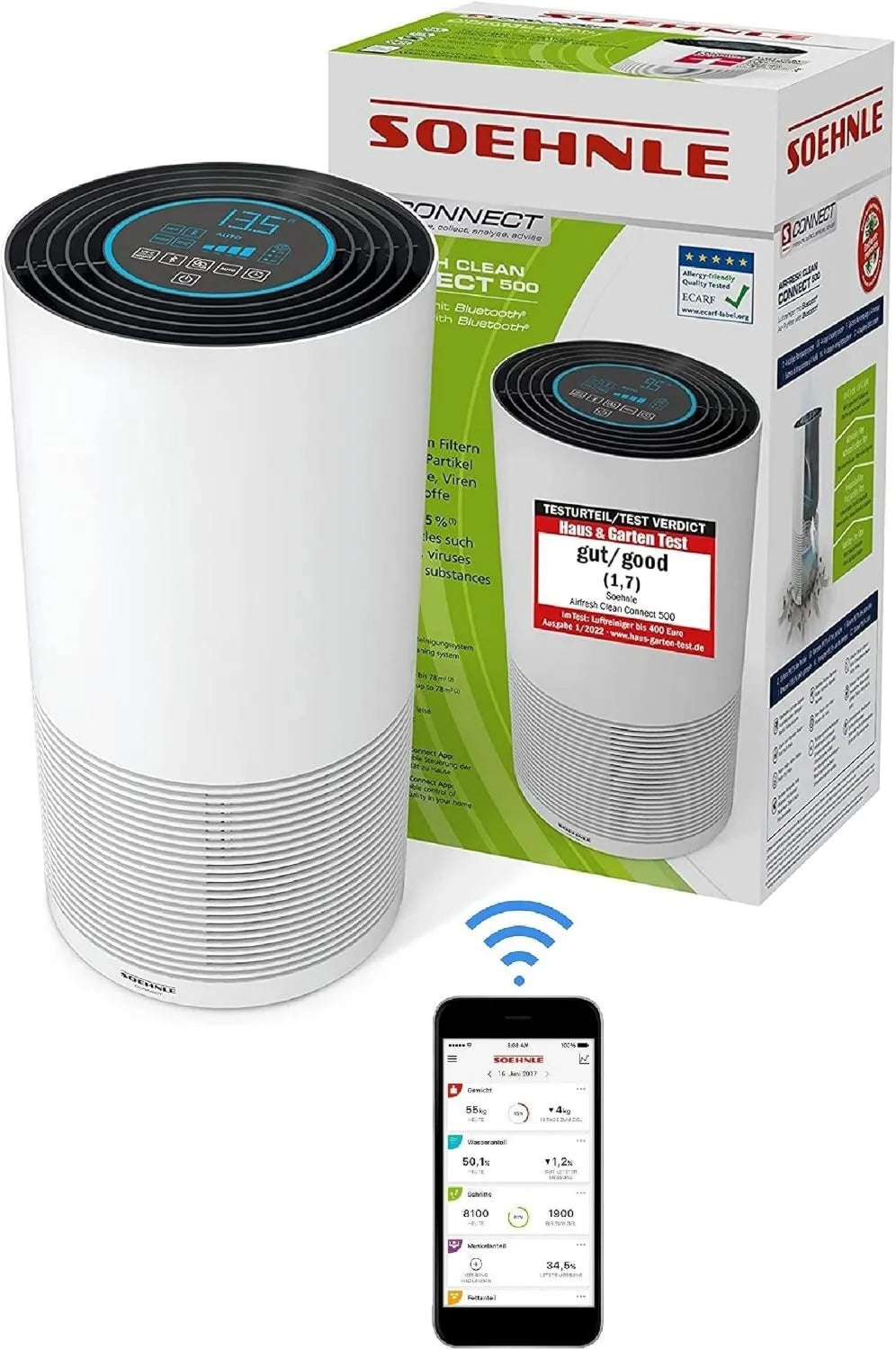 Soehnle Luftreiniger Airfresh Clean Connect 500 für Allergiker, Entfernung von 99,5% Staub, Pollen, Gerüche und Keime, CADR 300m³/h für Räume bis 78m², Schlafmodus, Timer und App-Steuerung