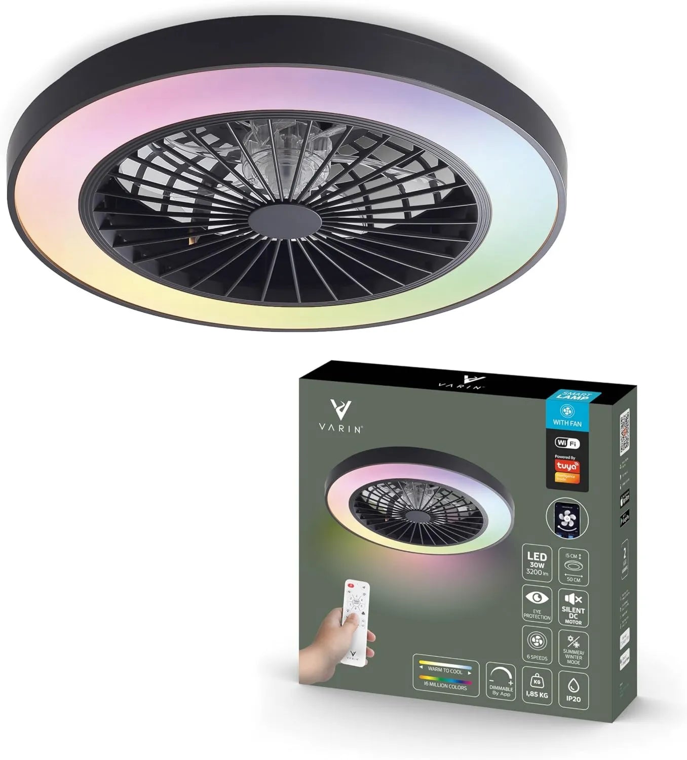 Varin® Intelligenter Deckenventilator mit LED-Beleuchtung, WLAN-gesteuert, Leiser Betrieb, Fernbedienung, 30W RGBW, Ø 50 cm, 3000K-6000K, Schwarz