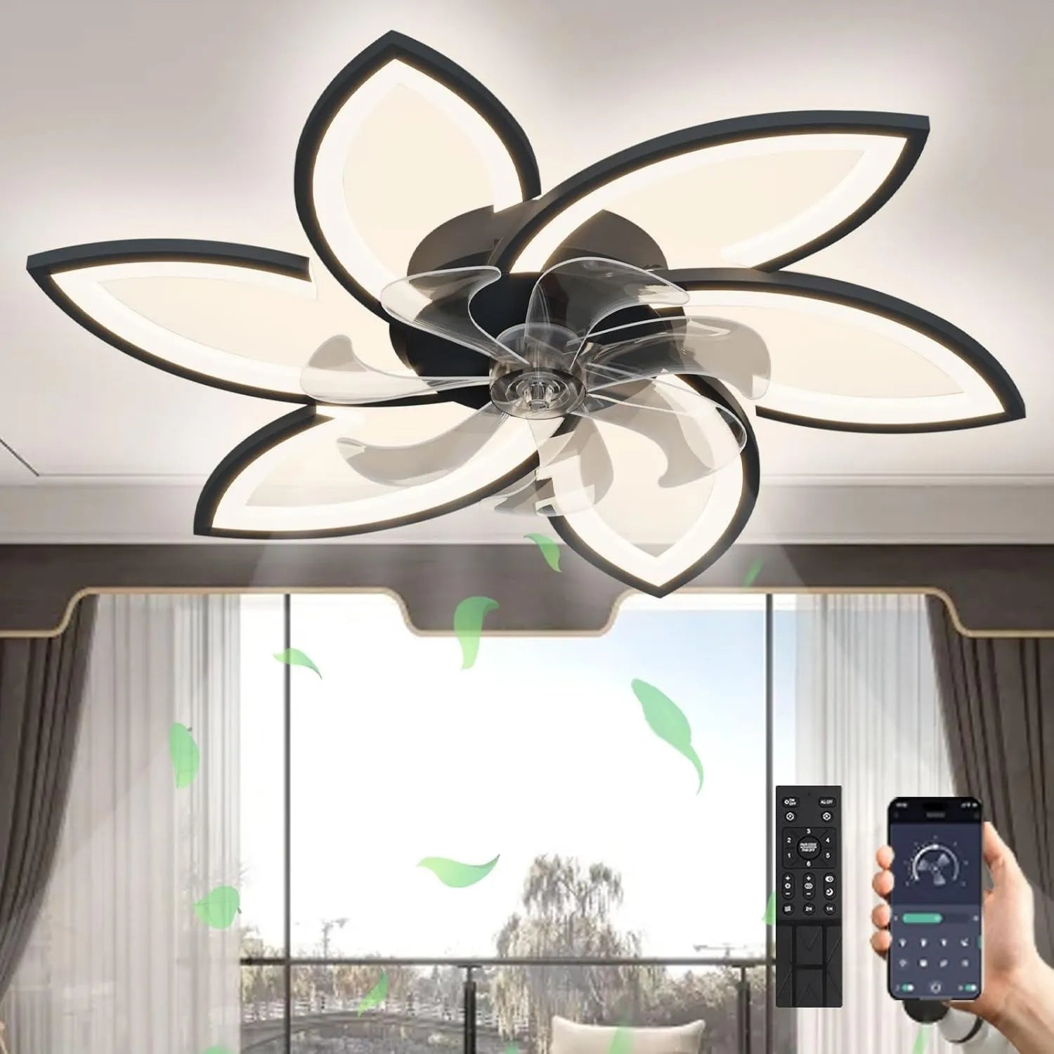 Dimmbare LED-Deckenventilatorleuchte, 66W, mit leiser Umkehrfunktion, Schwarz, geeignet für Wohnzimmer, Schlafzimmer und Esszimmer