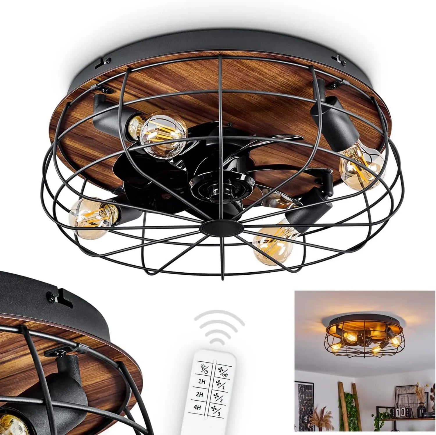 Moderner Deckenventilator mit Fernbedienung, Schwarz und Holzoptik, 4 E27 Fassungen, IP20
