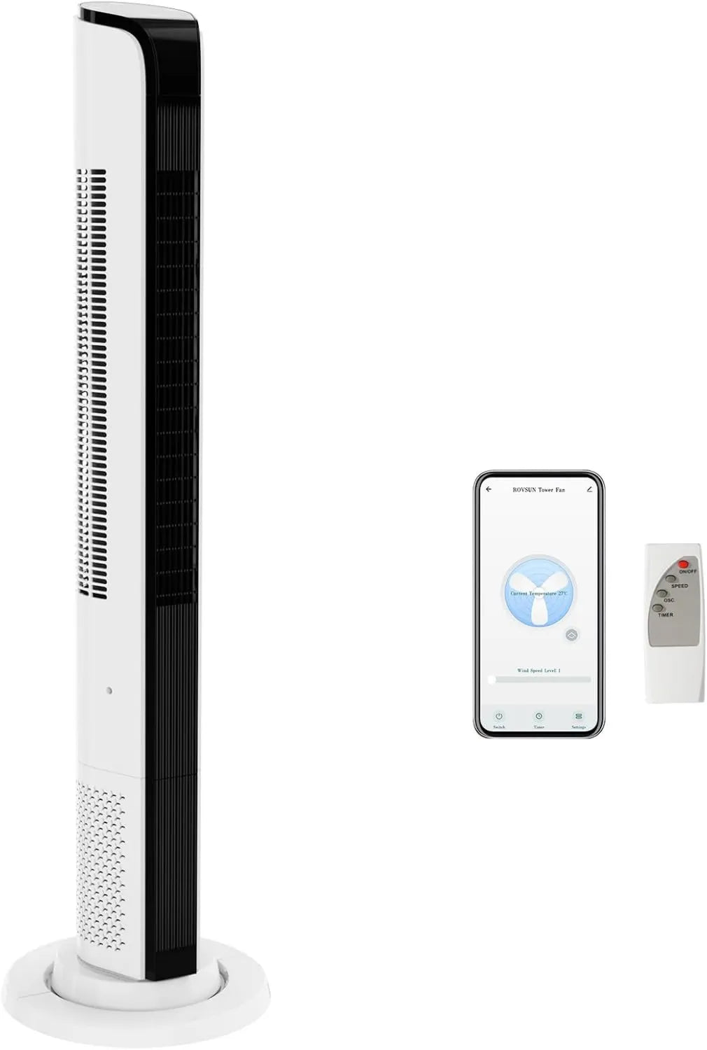 Bonnlo Turmventilator mit App-Steuerung und Fernbedienung, 60° Oszillation, 3 Geschwindigkeiten, Weiß