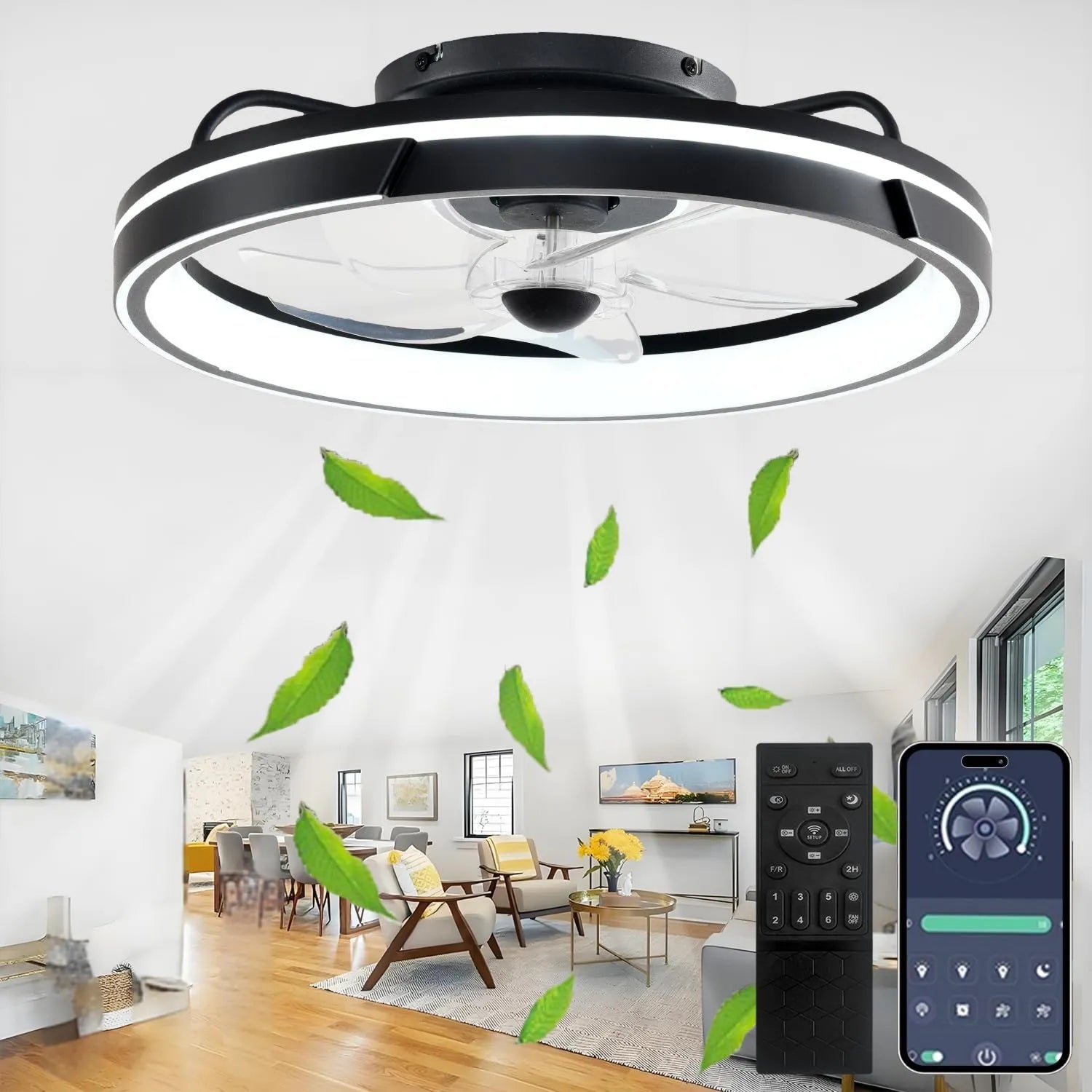 Leiser LED Deckenventilator mit dimmbarer Beleuchtung & App-Steuerung, 64W, umkehrbar, 6 Geschwindigkeiten, Timer, 5 Flügel, Schwarz