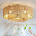 Rattan Deckenventilator mit LED-Beleuchtung und Fernbedienung, Retro Boho Design, Bambusoptik, geeignet für Schlafzimmer und Wohnzimmer